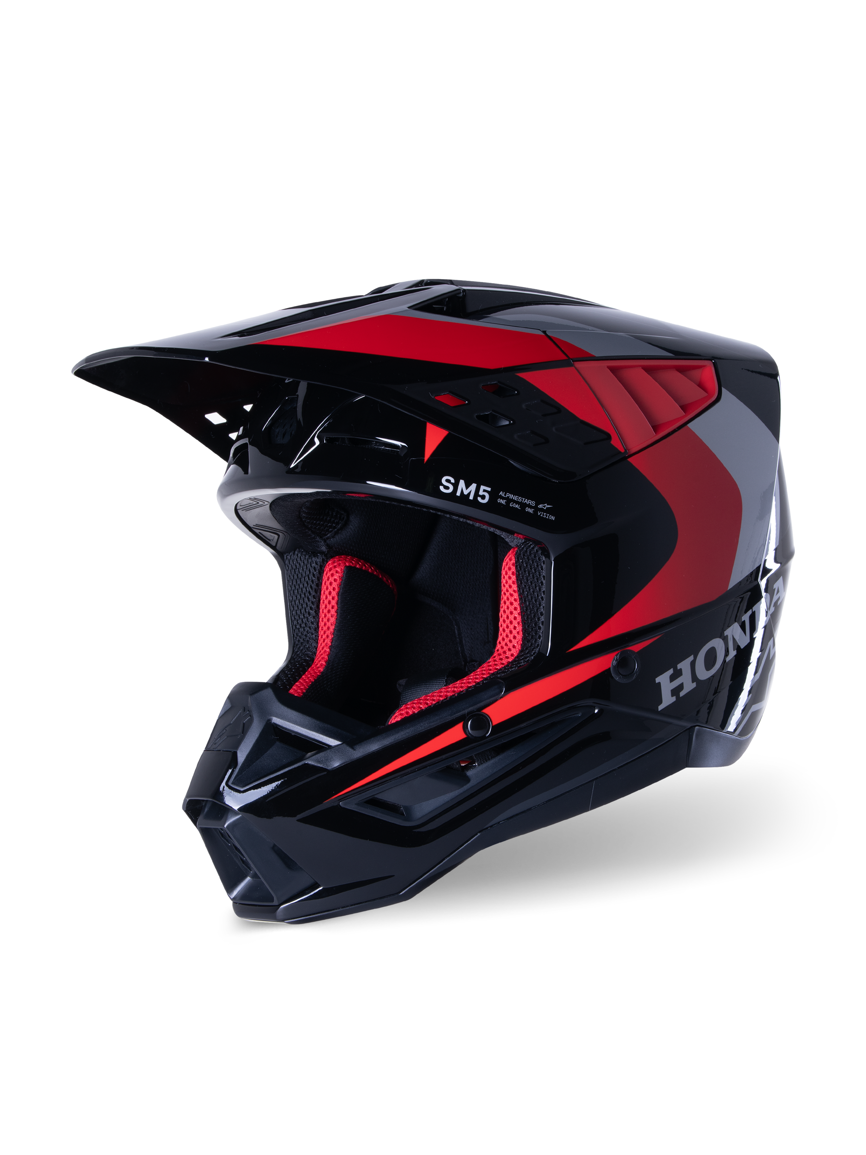 Alpinestars Honda S-M5 Helm, motorcrosshelm, zwart rood glanzend, voorzien van zilveren Honda-graphics en SM5-logo, aerodynamisch profiel met grote luchtinlaten en een verstelbare klep, ontworpen voor off-road racing