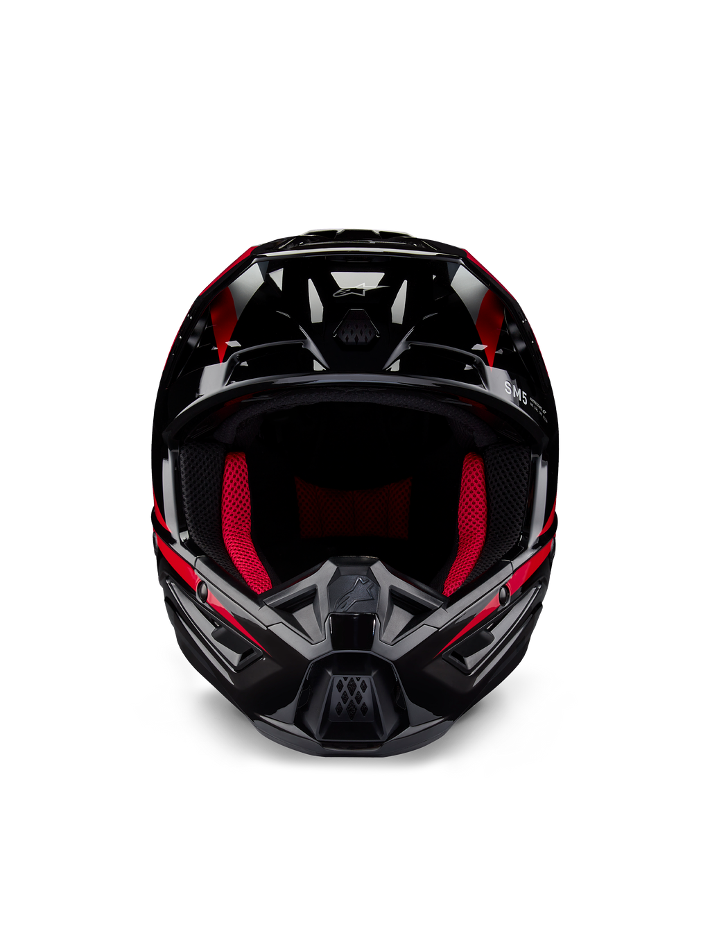 Alpinestars Honda S-M5 ECE helm, motorcrosshelm, glanzend zwart rood, vooraanzicht met een glanzende zwarte afwerking en rode graphics, opvallende rode binnenvoering, hoekig ontwerp met meerdere luchtinlaten, hoogwaardige bescherming voor motorcross