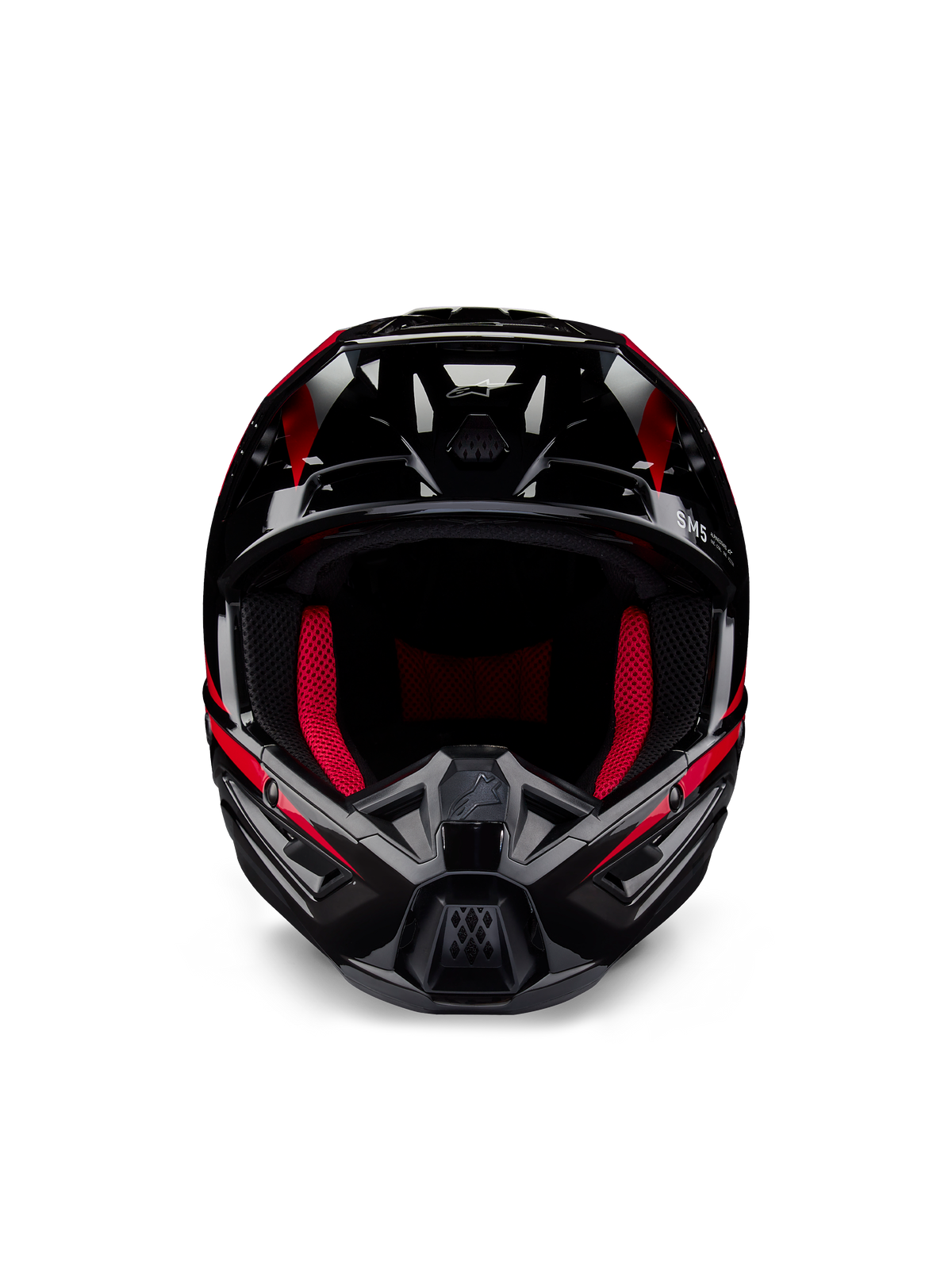 Alpinestars Honda S-M5 ECE helm, motorcrosshelm, glanzend zwart rood, vooraanzicht met een glanzende zwarte afwerking en rode graphics, opvallende rode binnenvoering, hoekig ontwerp met meerdere luchtinlaten, hoogwaardige bescherming voor motorcross