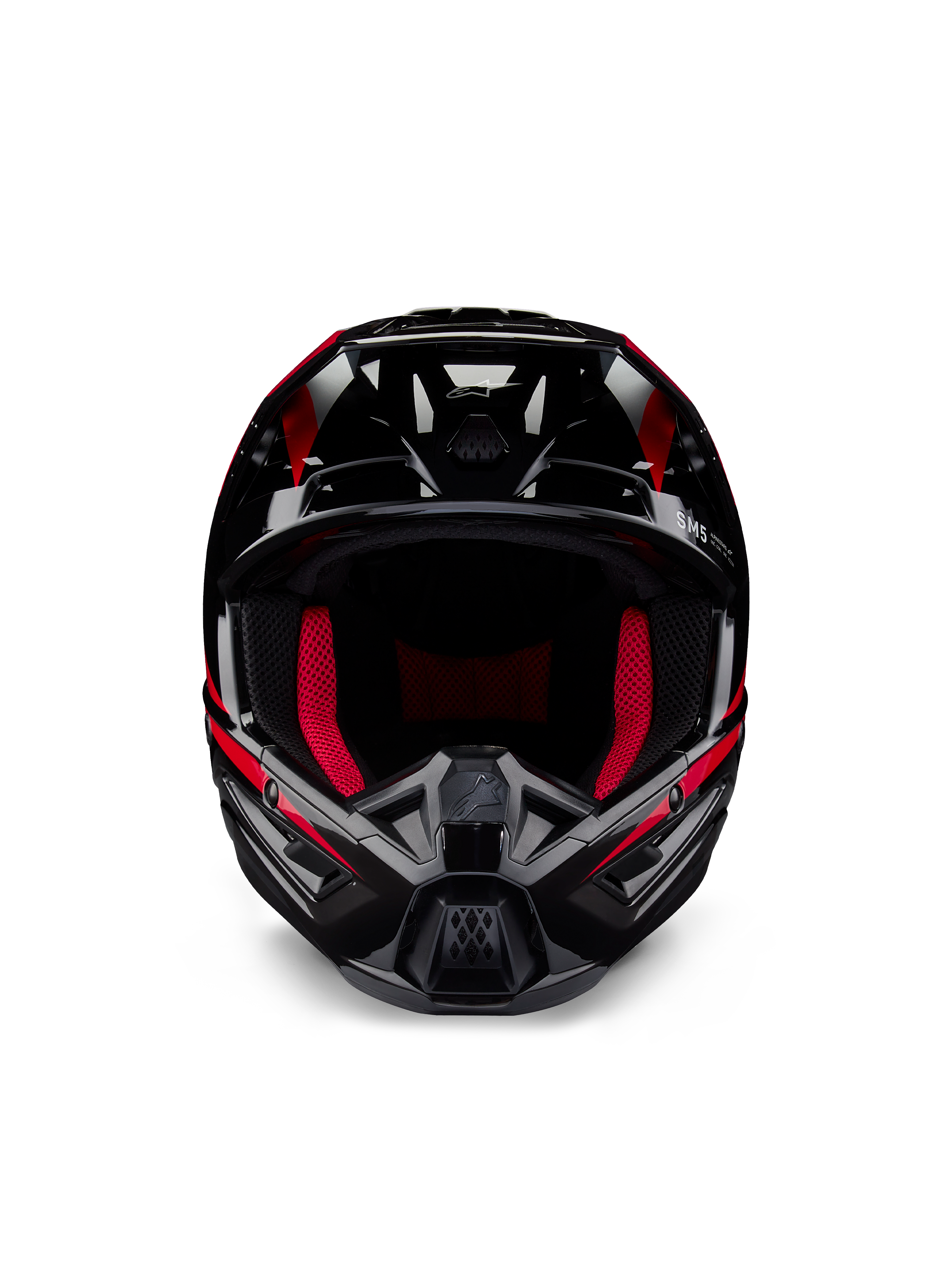 Alpinestars Honda S-M5 ECE helm, motorcrosshelm, glanzend zwart rood, vooraanzicht met een glanzende zwarte afwerking en rode graphics, opvallende rode binnenvoering, hoekig ontwerp met meerdere luchtinlaten, hoogwaardige bescherming voor motorcross
