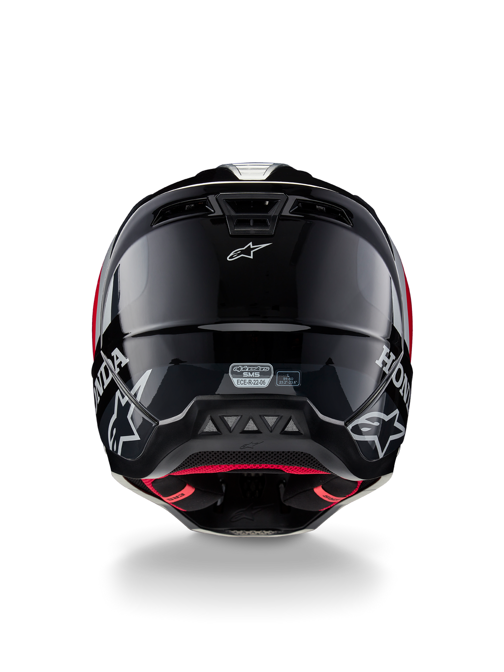 Alpinestars Honda S-M5 Helm ECE, motorcrosshelm, zwart rood glanzend, achteraanzicht met glanzende zwarte schaal, witte Honda- en Alpinestars-logo's, rode binnenvoering en ECE-veiligheidscertificeringslabel