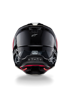 Alpinestars Honda S-M5 Helm ECE, motorcrosshelm, zwart rood glanzend, achteraanzicht met glanzende zwarte schaal, witte Honda- en Alpinestars-logo's, rode binnenvoering en ECE-veiligheidscertificeringslabel