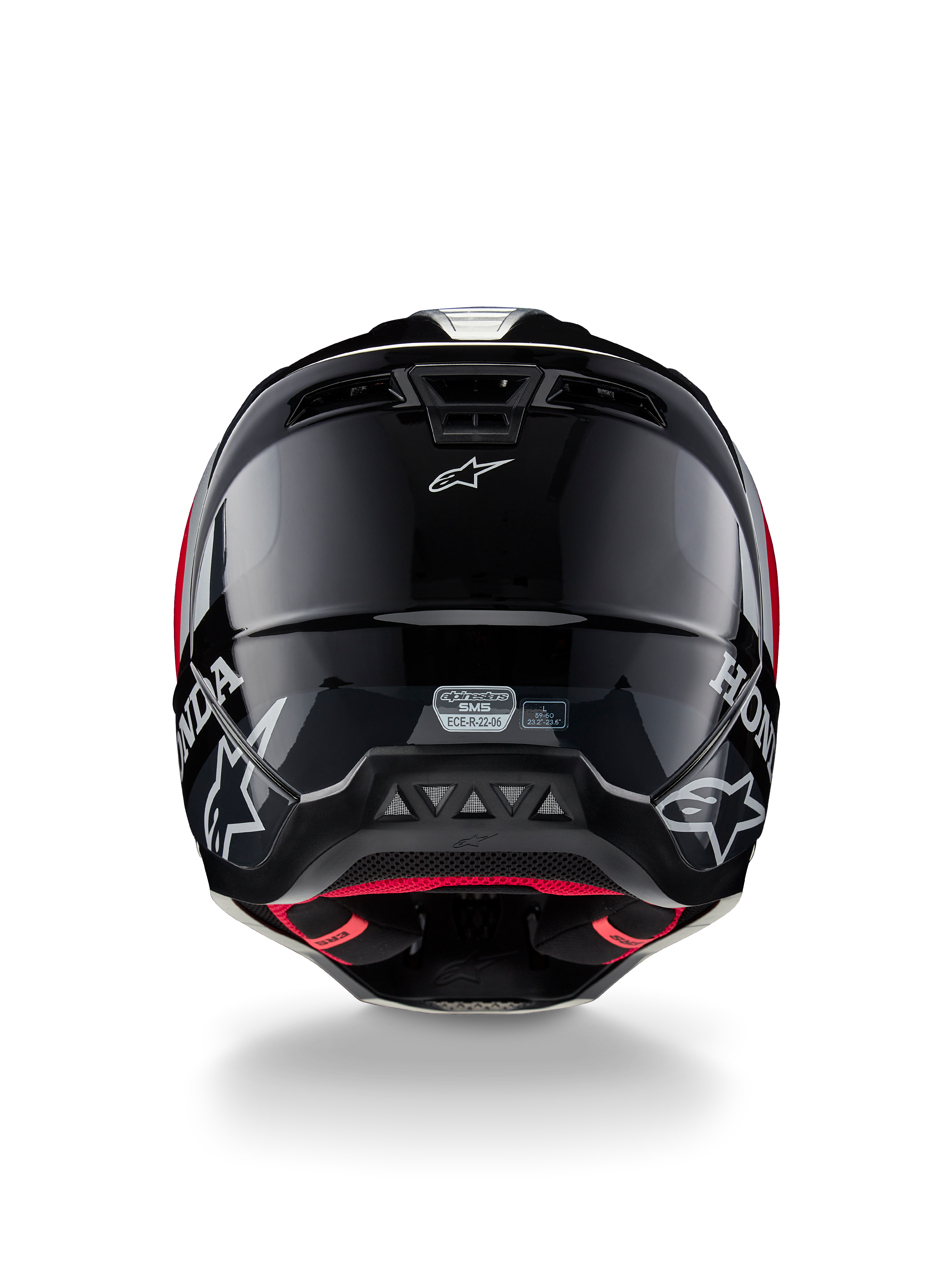 Alpinestars Honda S-M5 Helm ECE, motorcrosshelm, zwart rood glanzend, achteraanzicht met glanzende zwarte schaal, witte Honda- en Alpinestars-logo's, rode binnenvoering en ECE-veiligheidscertificeringslabel