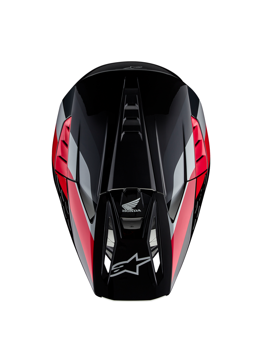 Honda S-M5 ECE Helm, motorcrosshelm, glanzend zwart rood met rode en zilveren grafische strepen, bovenaanzicht toont aerodynamische schaal en geventileerde klep, Alpinestars en Honda logo's, hoogwaardige off-road uitrusting