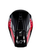 Honda S-M5 ECE Helm, motorcrosshelm, glanzend zwart rood met rode en zilveren grafische strepen, bovenaanzicht toont aerodynamische schaal en geventileerde klep, Alpinestars en Honda logo's, hoogwaardige off-road uitrusting