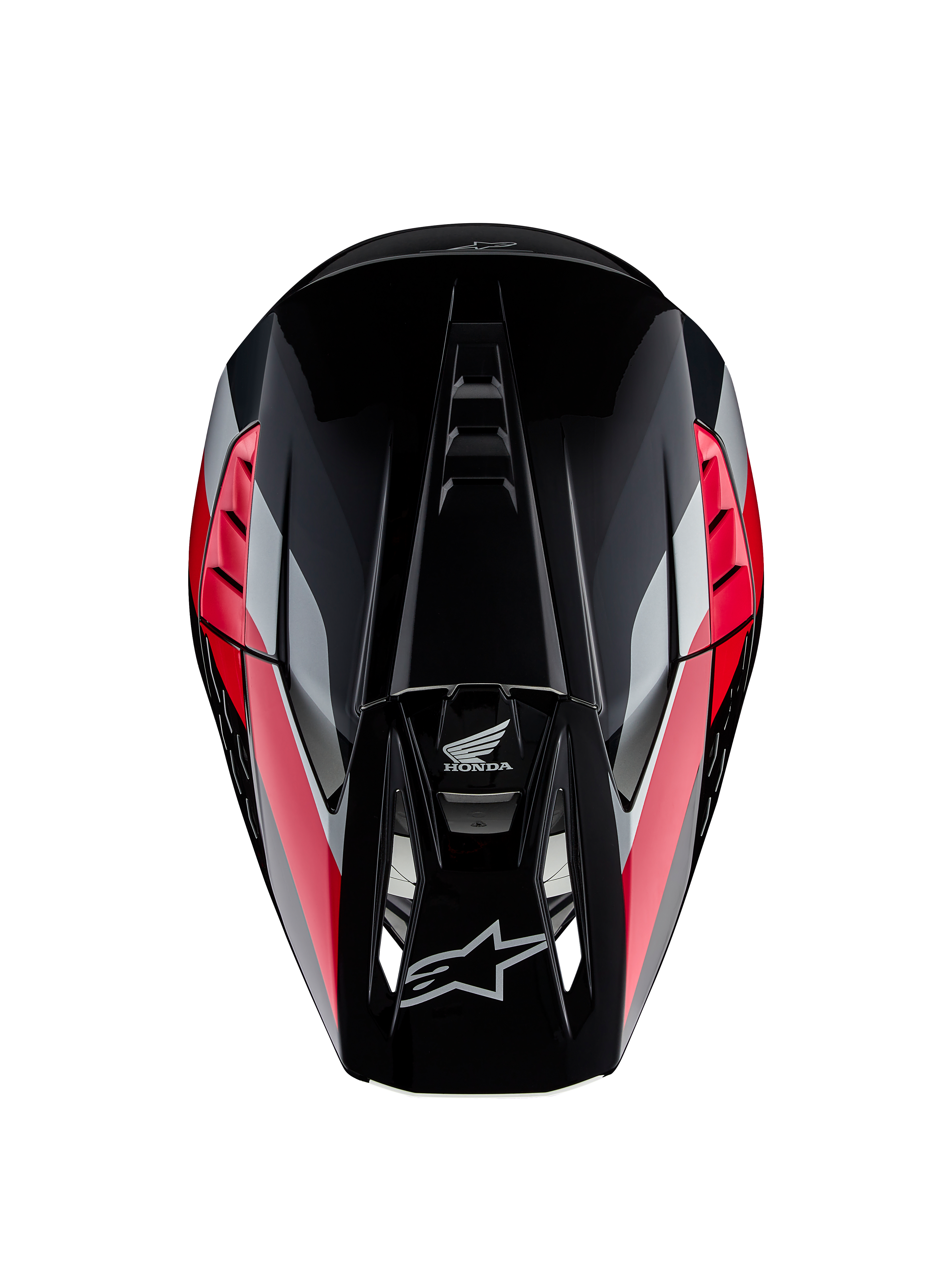 Honda S-M5 ECE Helm, motorcrosshelm, glanzend zwart rood met rode en zilveren grafische strepen, bovenaanzicht toont aerodynamische schaal en geventileerde klep, Alpinestars en Honda logo's, hoogwaardige off-road uitrusting