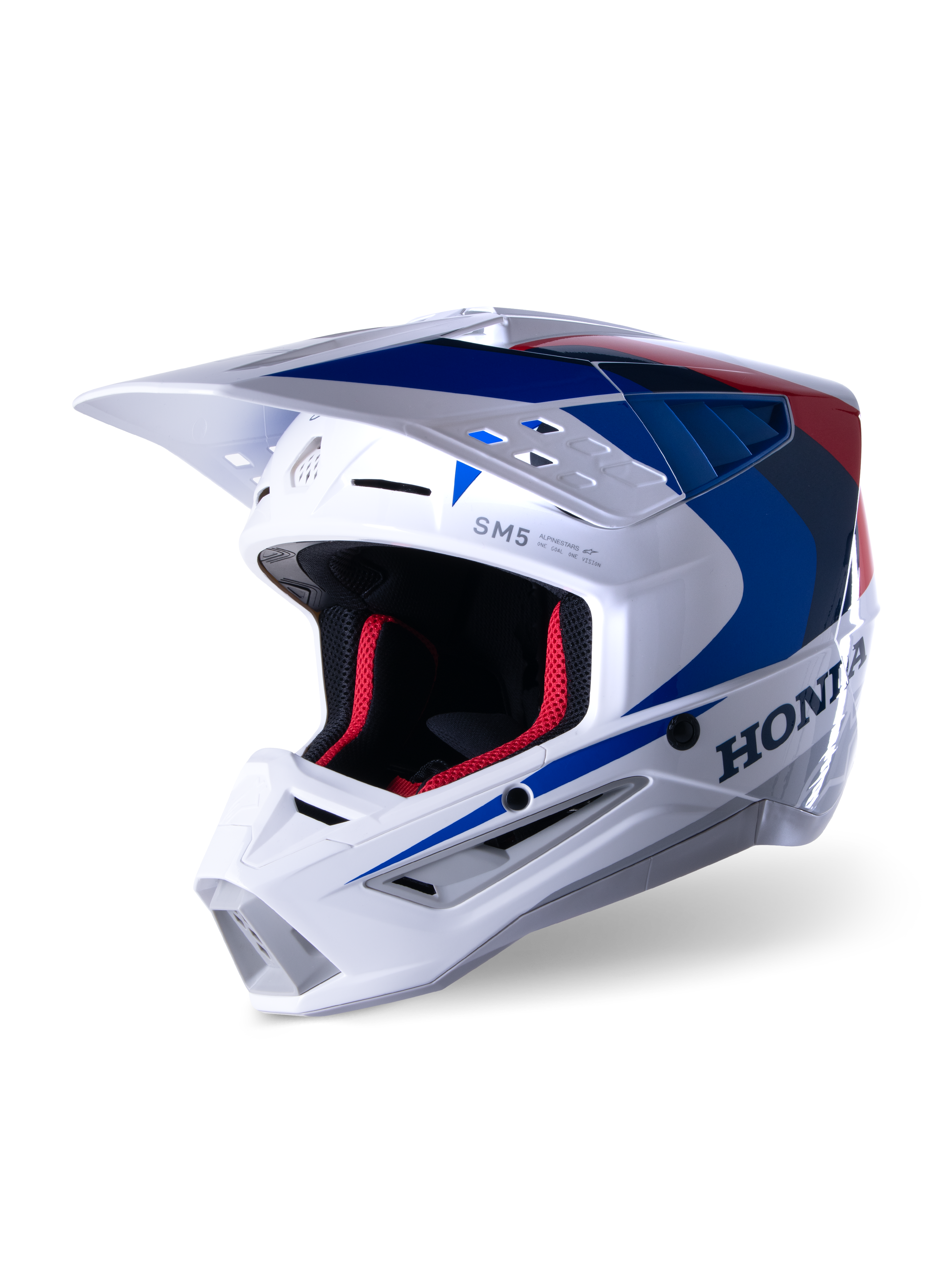 Alpinestars Honda S-M5 Helmet ECE, Motocross Helmet, White Blue and Red Glossy, featuring bold Honda branding on the side, red mesh interior padding, aerodynamic visor with integrated air vents, sleek graphic design for off-road racing
