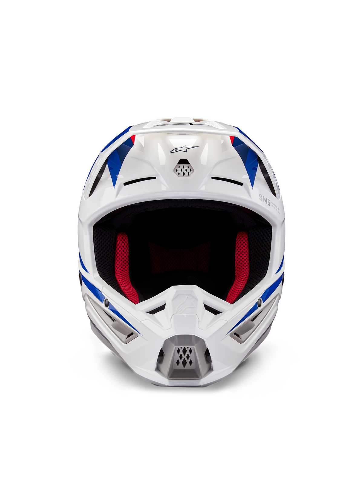 Alpinestars Honda S-M5 ECE helm, motorcrosshelm, wit blauw en rood glanzend, vooraanzicht met ventilatieopeningen en rode binnenvoering, aerodynamisch ontwerp voor off-road racebescherming