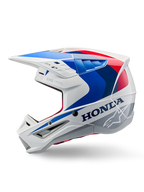 Alpinestars Honda S-M5 Helmet ECE, White Blue Red Glossy, side profile view, featuring bold Honda branding and Alpinestars star logo, aerodynamic motocross design with multiple air vents and a prominent peak visor, glossy finish