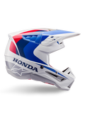 Alpinestars Honda S-M5 Helmet ECE, Motocross Helmet, White Blue and Red, side profile view, aerodynamic design with integrated visor, multiple ventilation openings, glossy finish, bold Honda branding and Alpinestars logo