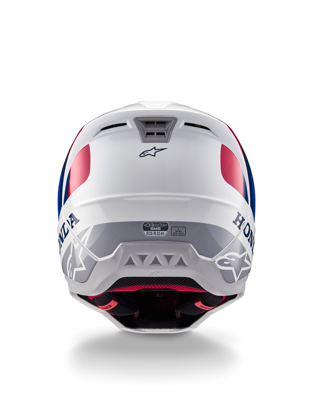 Alpinestars Honda S-M5 Helmet ECE, Motocross Helmet, White Blue and Red Glossy, Rear view showing Honda and Alpinestars branding, sleek shell with integrated ventilation exhaust ports and ECE certification label.