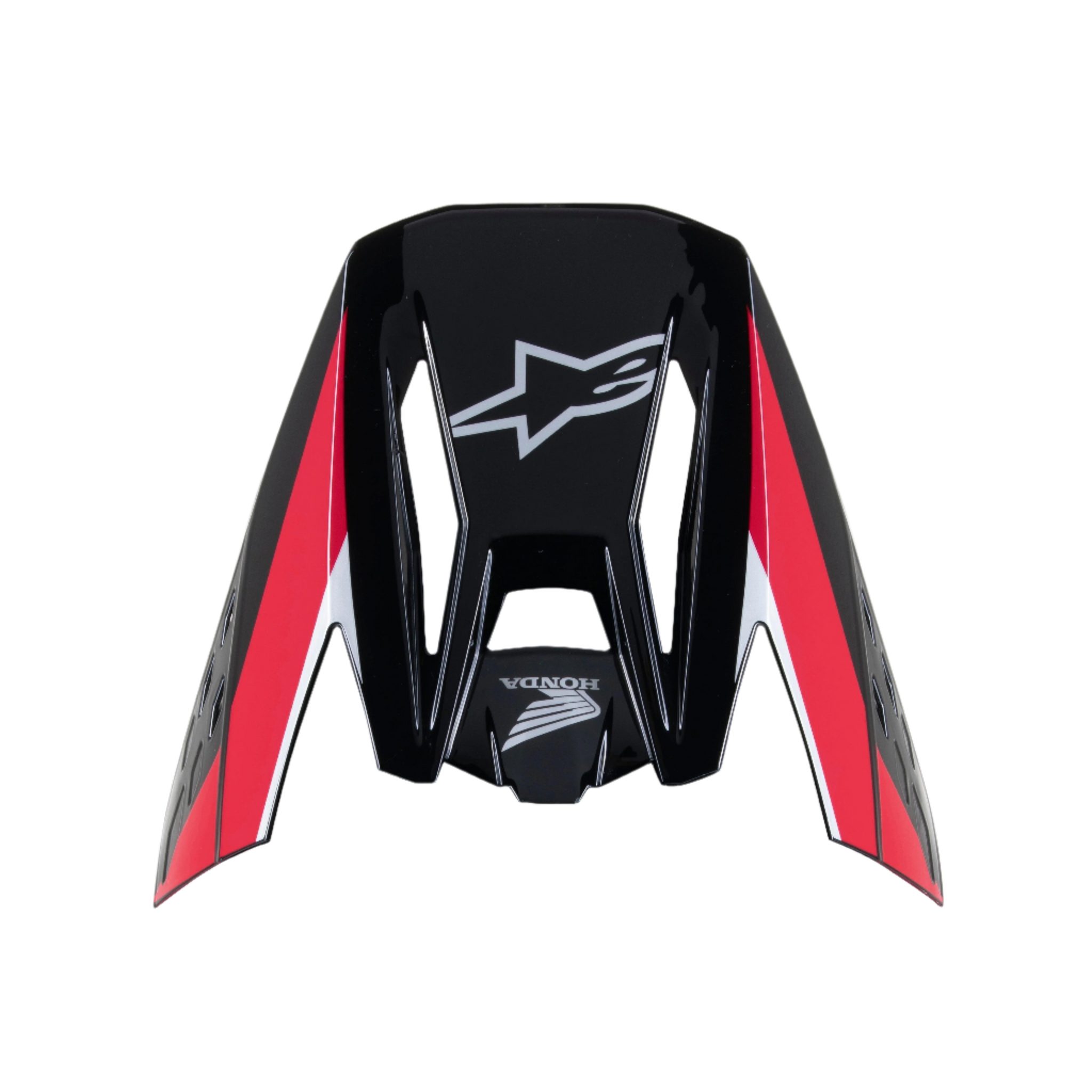 Alpinestars Honda S-M5 Vizier, zwart rood glanzend, vervangend vizier voor motorcrosshelm, voorzien van witte Alpinestars en Honda logo's, rode en witte grafische strepen, glanzende afwerking voor off-road rijden