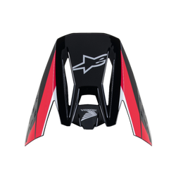 Alpinestars Honda S-M5 Vizier, zwart rood glanzend, vervangend vizier voor motorcrosshelm, voorzien van witte Alpinestars en Honda logo's, rode en witte grafische strepen, glanzende afwerking voor off-road rijden
