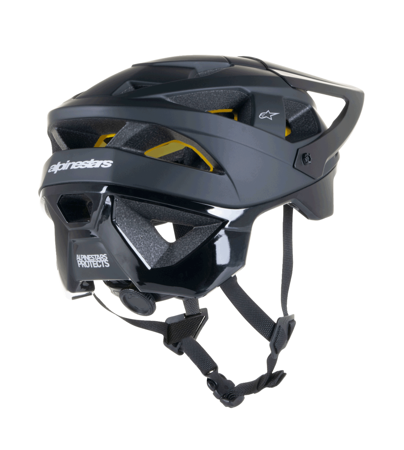 Alpinestars Vector Tech Solid Helm, MTB-helm, zwarte matte en glanzende afwerking, voorzien van Mips-bescherming, 19 ventilatieopeningen en uitgebreide nekdekking voor off-road trailbescherming.