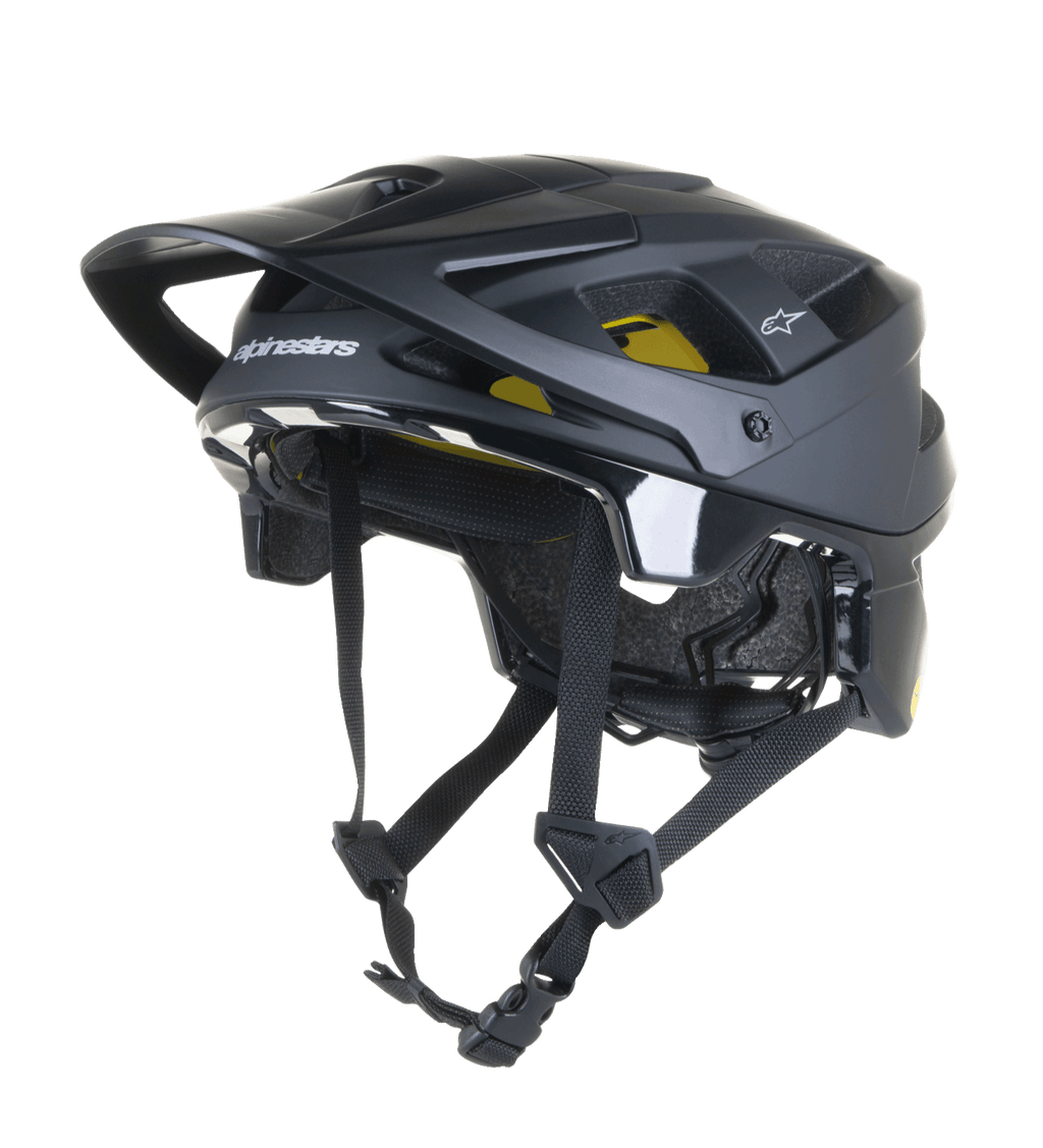 Alpinestars Vector Tech Solid helm, zwarte MTB mountainbikehelm, matte en glanzende afwerking met 19 ventilatieopeningen, gele Mips-voering aan de binnenkant, verstelbaar vizier en riemen, lichtgewicht bescherming voor trail- en all-mountain ritten