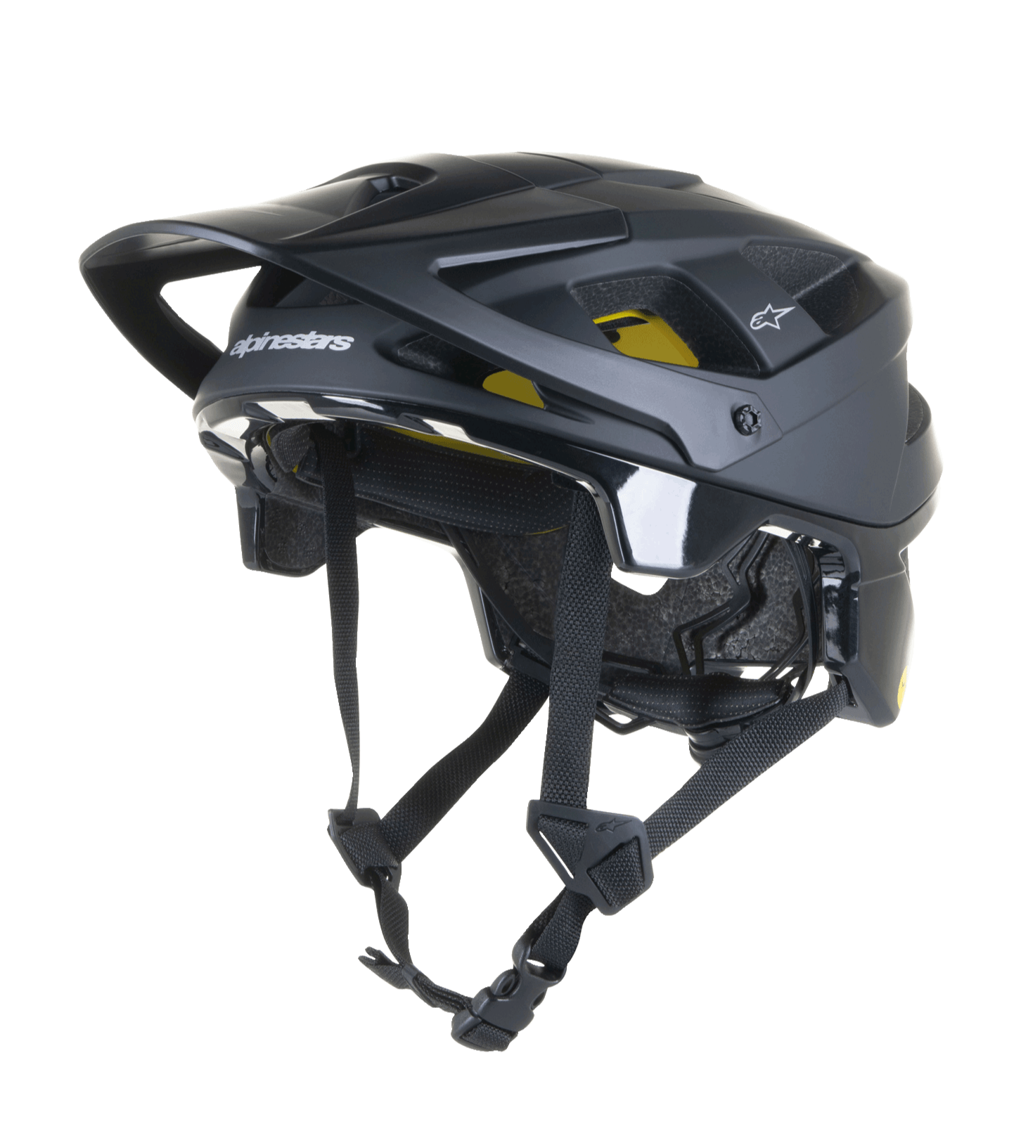Alpinestars Vector Tech Solid helm, zwarte MTB mountainbikehelm, matte en glanzende afwerking met 19 ventilatieopeningen, gele Mips-voering aan de binnenkant, verstelbaar vizier en riemen, lichtgewicht bescherming voor trail- en all-mountain ritten