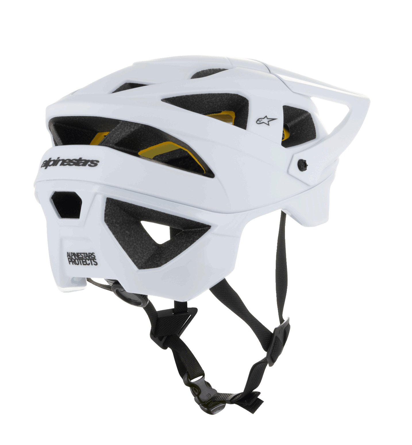 Alpinestars Vector Tech Solid Helmet, open-face MTB helmet, White Matt and Glossy finish, featuring large ventilation ports with yellow Mips liner visible, black Alpinestars branding on rear, and adjustable black chin strap, professional mountain bike protection