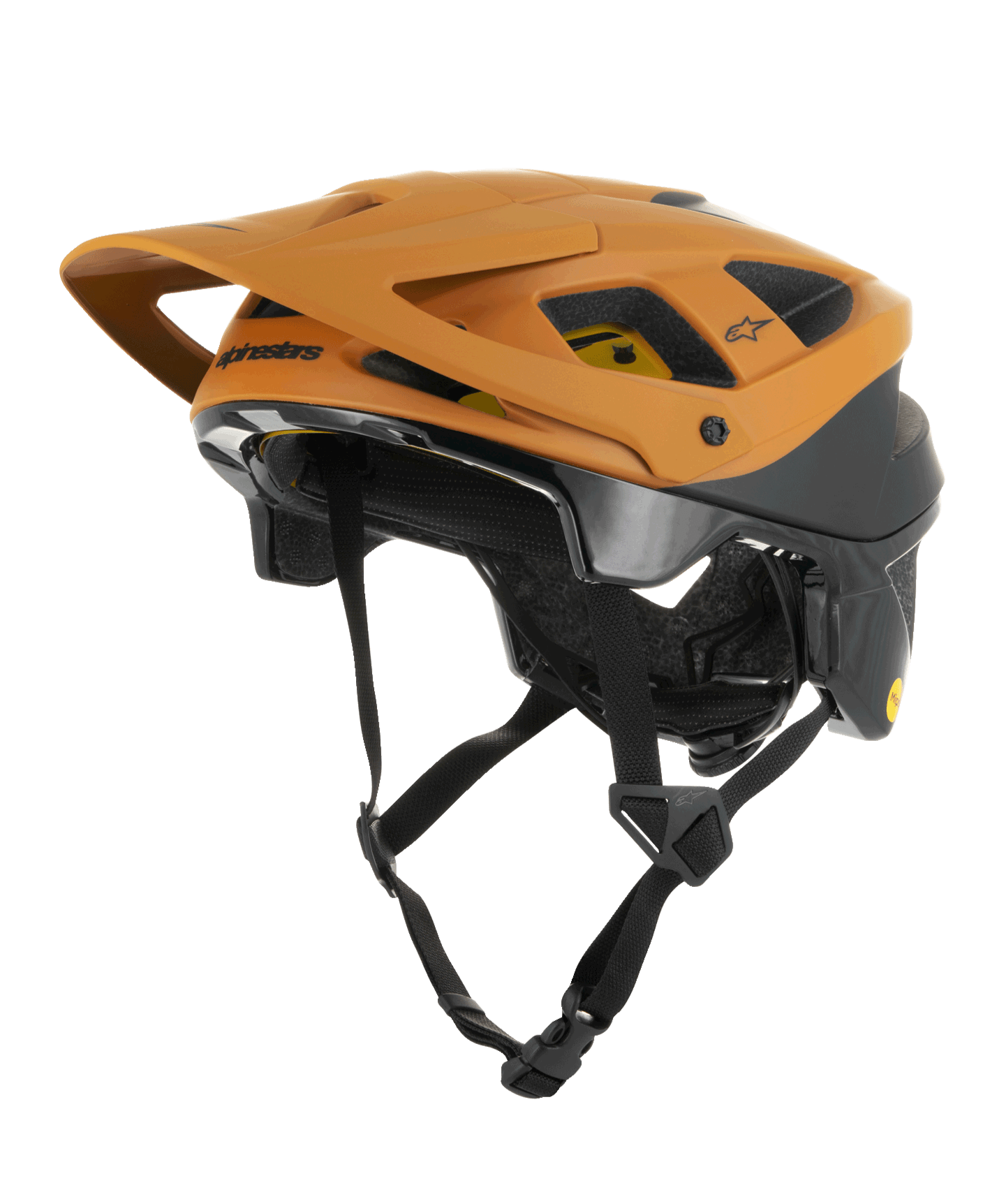 Alpinestars Vector Tech Zeal Helmet, MTB Mountain Biking Helmet, Orange and Black with yellow Mips logo, featuring a large front visor, multiple ventilation ports, and an adjustable chin strap, designed for off-road trail protection