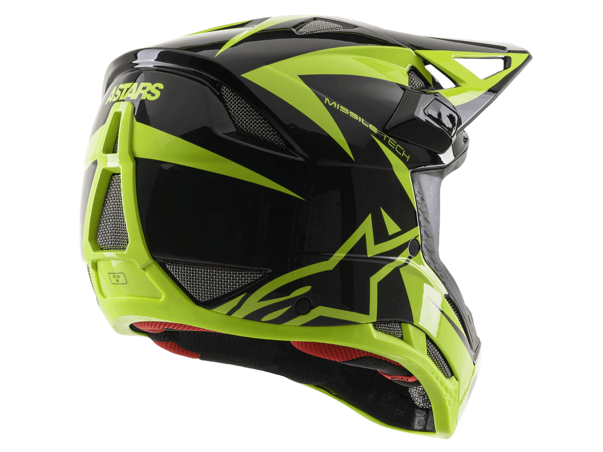 Alpinestars Missile Tech-Air Full Face Helmet, zwart en fluorgeel glanzend, driekwart achteraanzicht met grote mesh-ventilatieopeningen, ASTARS-branding en rode binnenvoering, ontworpen voor downhill MTB-prestaties.