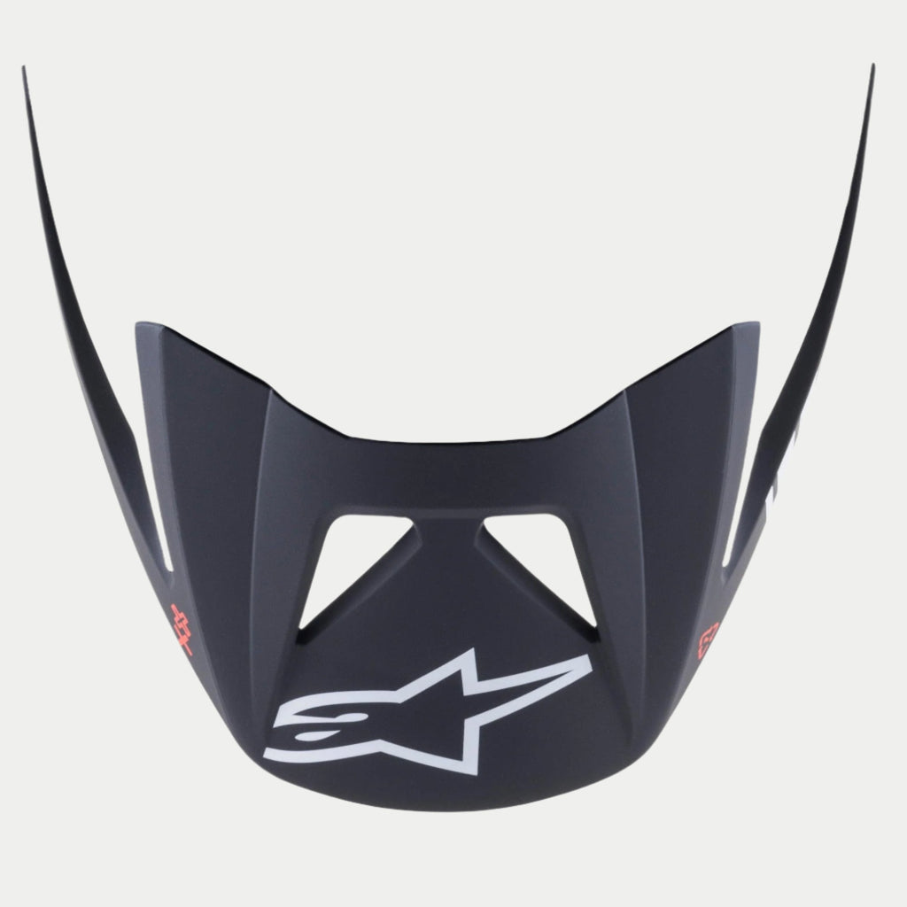 Alpinestars Visor Vector Tech A1, vervangend MTB-helmvizier, zwart lichtgrijs mat, prominent wit Astars-logo op de voorkant, hoekig snap-on ontwerp met ventilatieopeningen