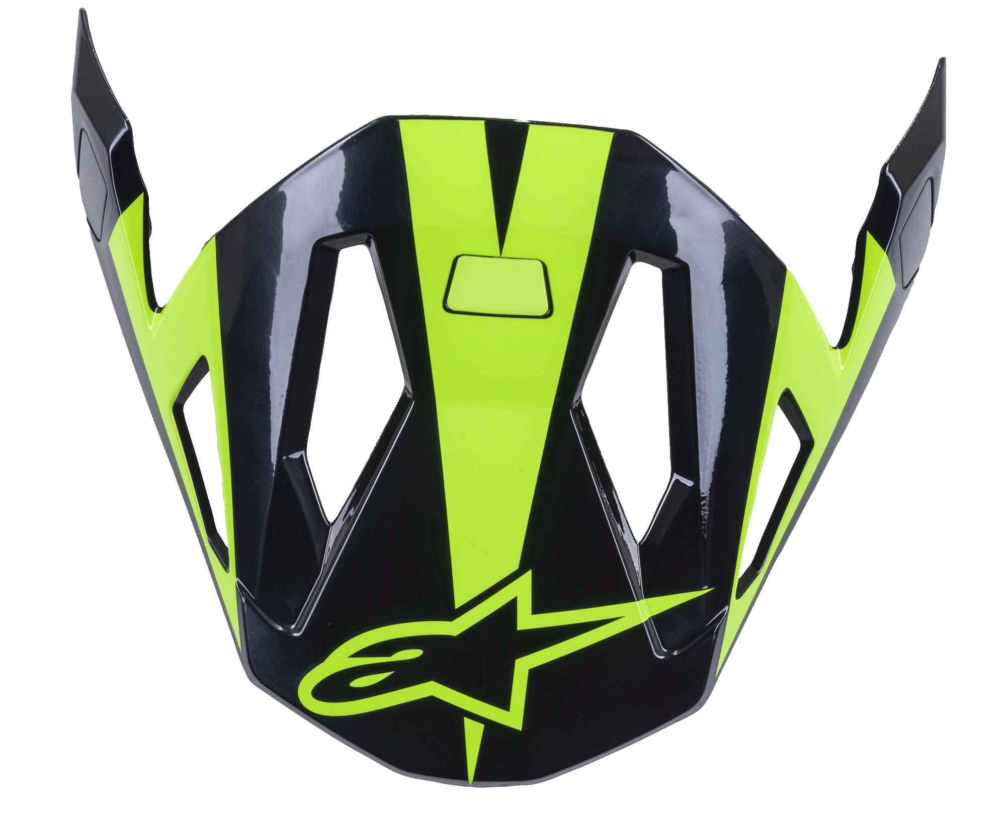 Alpinestars Missile vizier, MTB-helmaccessoire, zwart en neongeel glanzend, aerodynamisch ontwerp met uitsparingen voor luchtstroom, glanzende afwerking met neongeel sterlogo