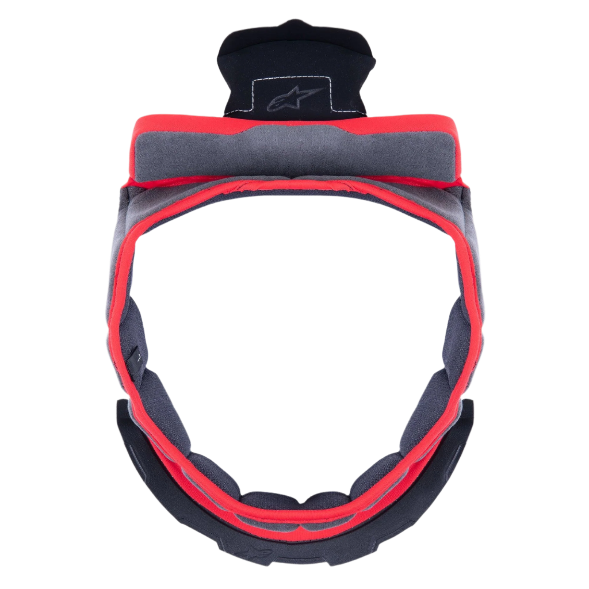 Alpinestars Supertech R10 Crown Pad, motorcycle helmet replacement padding, gray and red, soft cushioned foam construction with star logo, circular neck support insert