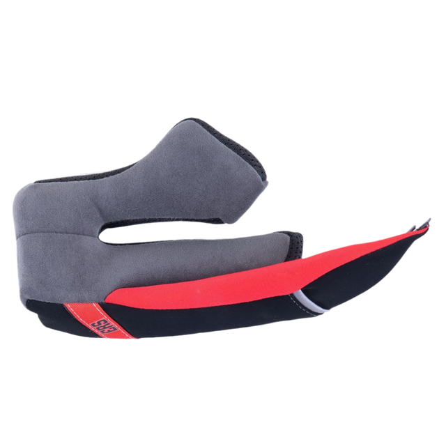 Alpinestars Supertech R10 Standaard Wangkussen, rechterzijde vervangingsonderdeel voor motorhelm, grijze soft-touch voering met zwarte en rode accenten, voorzien van een rode ERS Emergency Release System trekstrip.