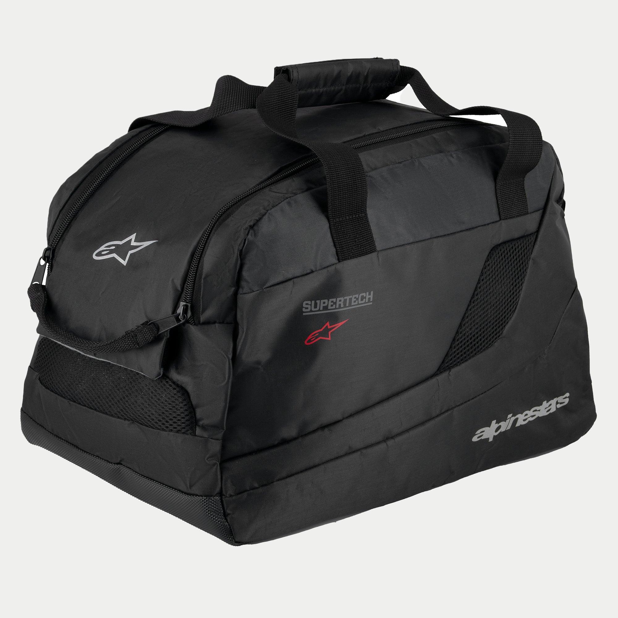 Alpinestars Supertech R10 helmtas, zwart, gevoerde semi-stijve constructie voor motorhelmen, voorzien van handgrepen met klittenbandsluiting, ritsopening, mesh ventilatiepanelen en reflecterende Alpinestars- en Supertech-logo's