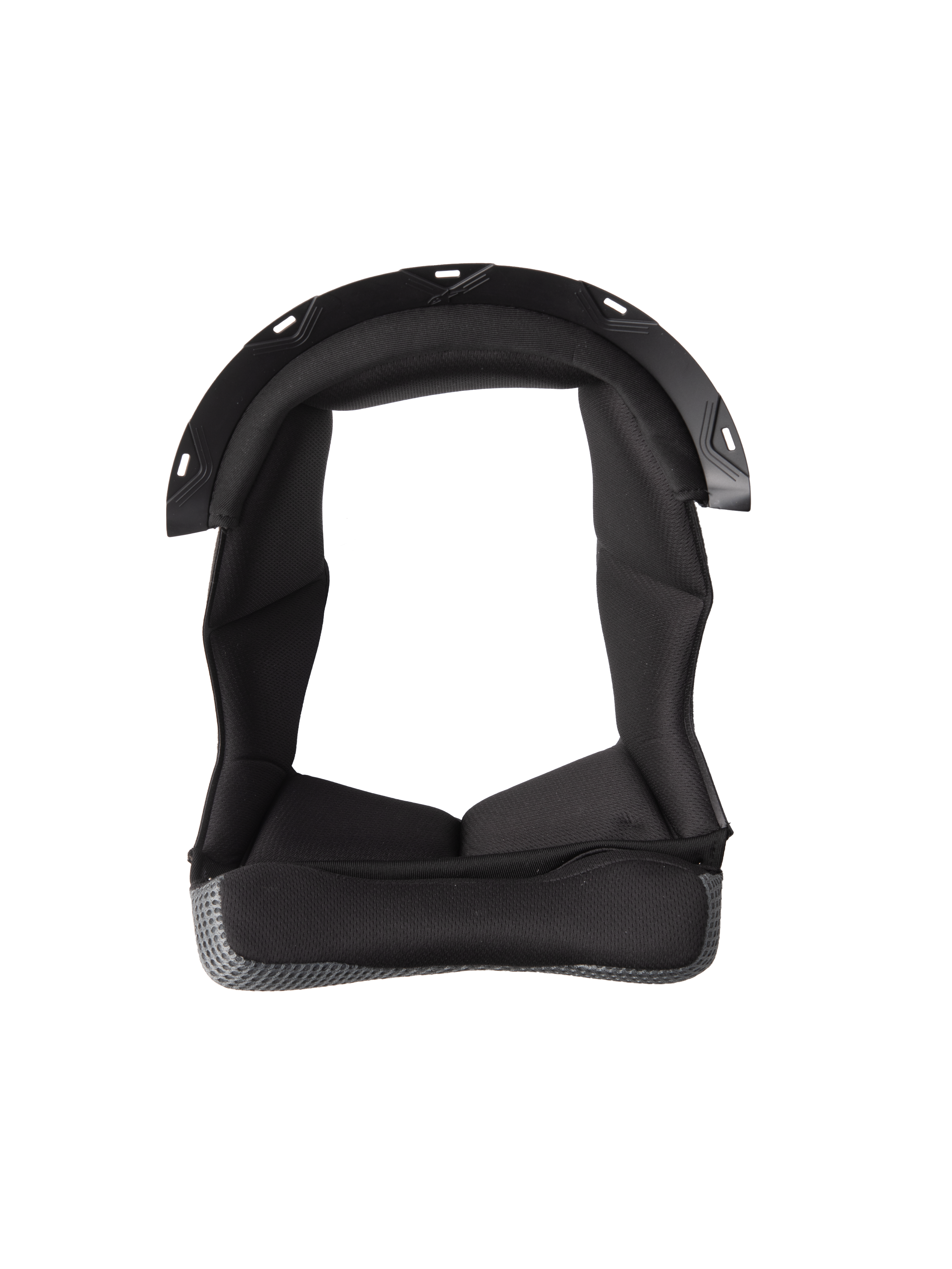 Alpinestars S-M7 Crown Pad, zwarte helmvoering met U-vormig design, gevoerde binnenkant met getextureerde stof, grijze mesh-rand, plastic drukknop-bevestigingspunten, comfort- en beschermingsvulling voor motorhelmen