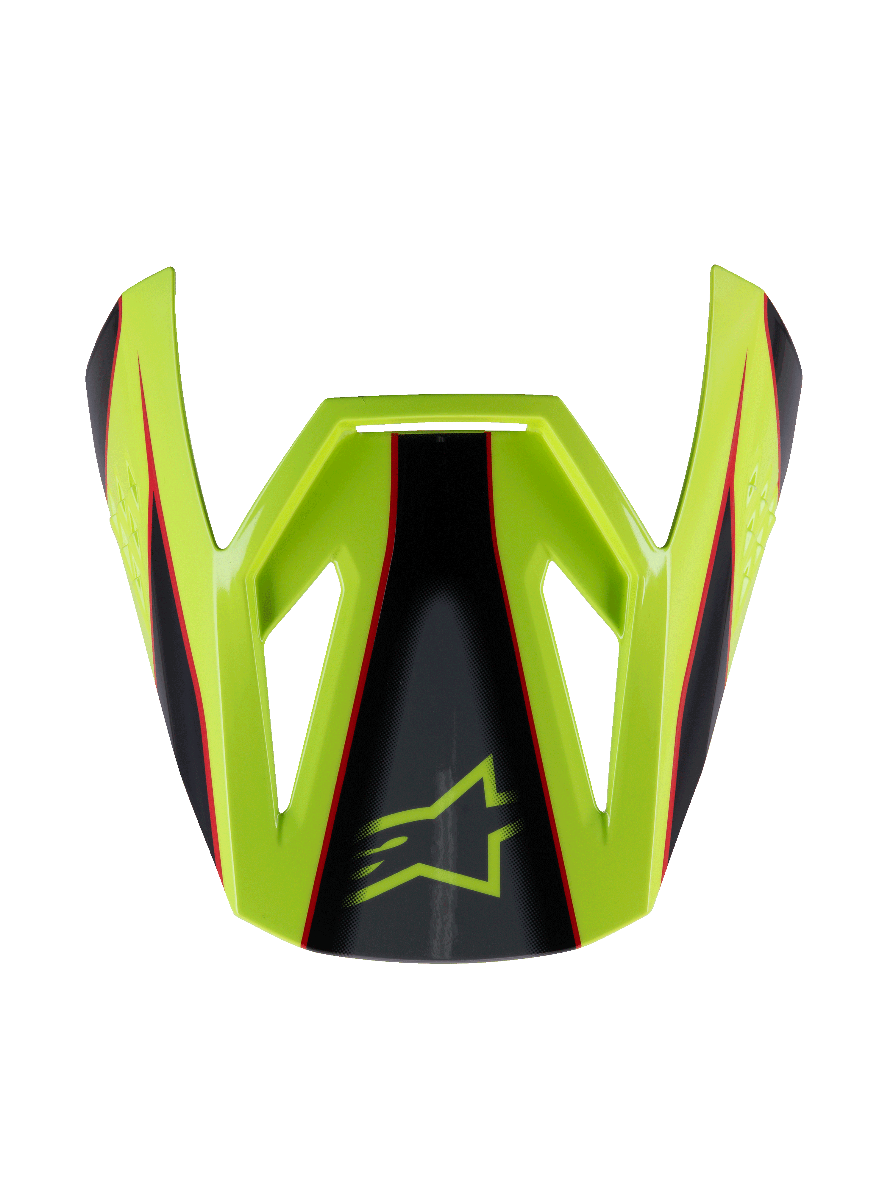 Alpinestars S-M3 Youth Fray vizier, motorcrosshelm vizier, fluorgeel en zwart met rode accenten, glanzende afwerking, hoekig ontwerp met het Alpinestars sterlogo, officieel vervangingsonderdeel voor jeugd racehelmen