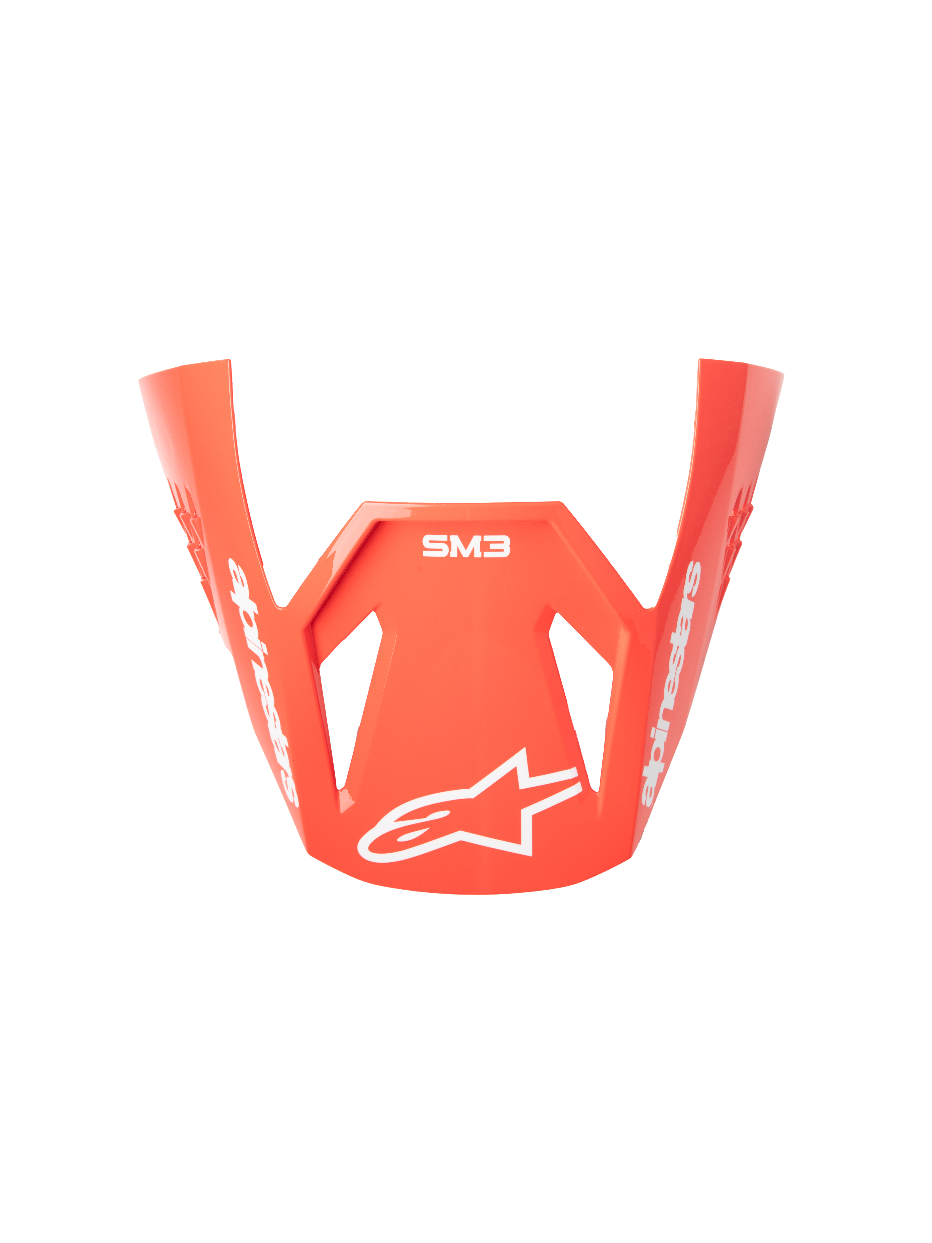 Alpinestars S-M3 Radium helmvizier, motorcross helmklep, fluoriserend rood, glanzende afwerking, met witte Alpinestars-branding en sterlogo, hoekig aerodynamisch ontwerp voor off-road motorcrossgebruik