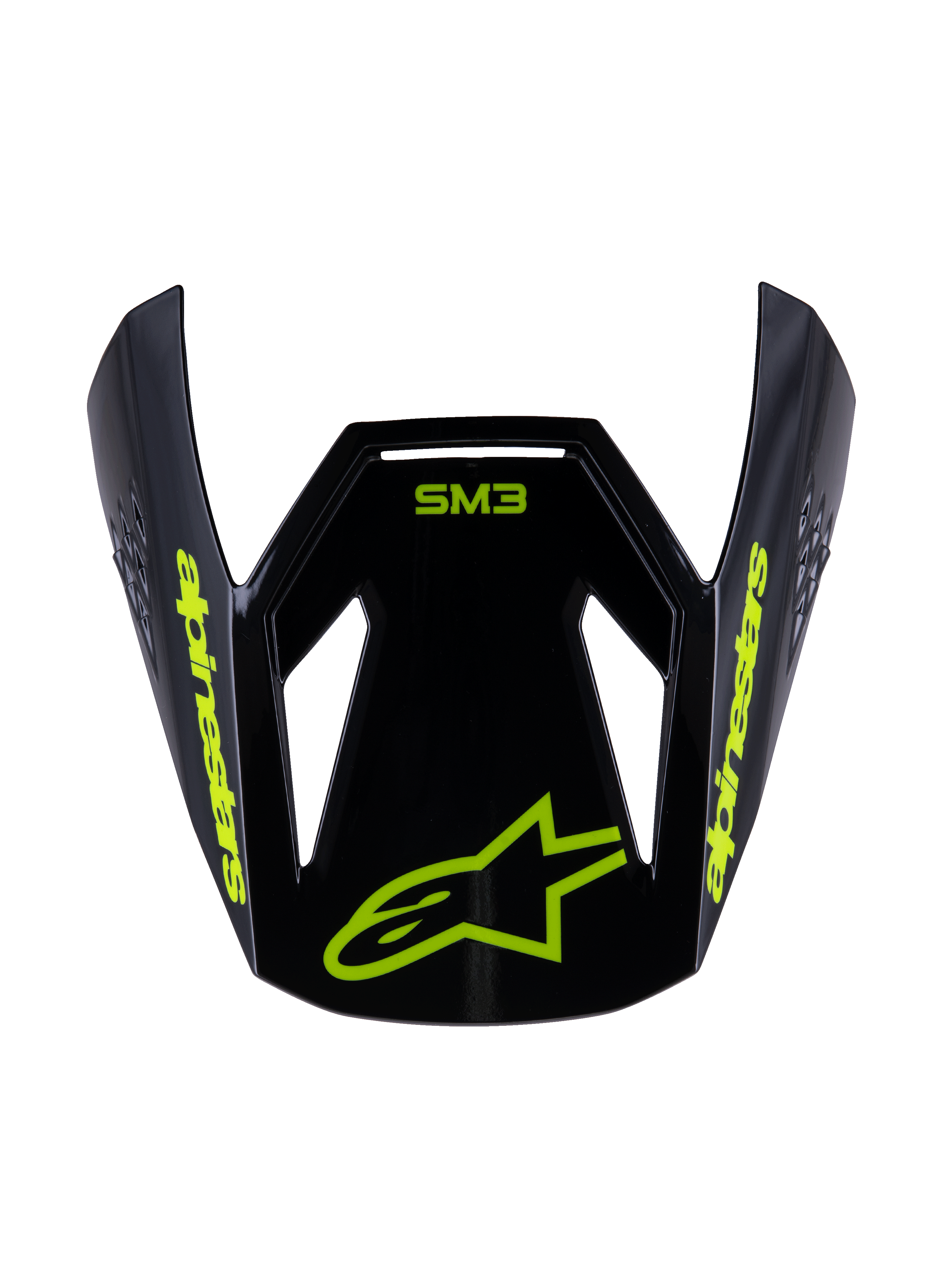Alpinestars S-M3 Jeugd Radium Vizier, vervangende motorcross helmklep, zwart fluoriserend geel glanzend, met geel Alpinestars logo en sterlogo op de voorzijde, aerodynamisch ontwerp voor off-road jeugdhelmen