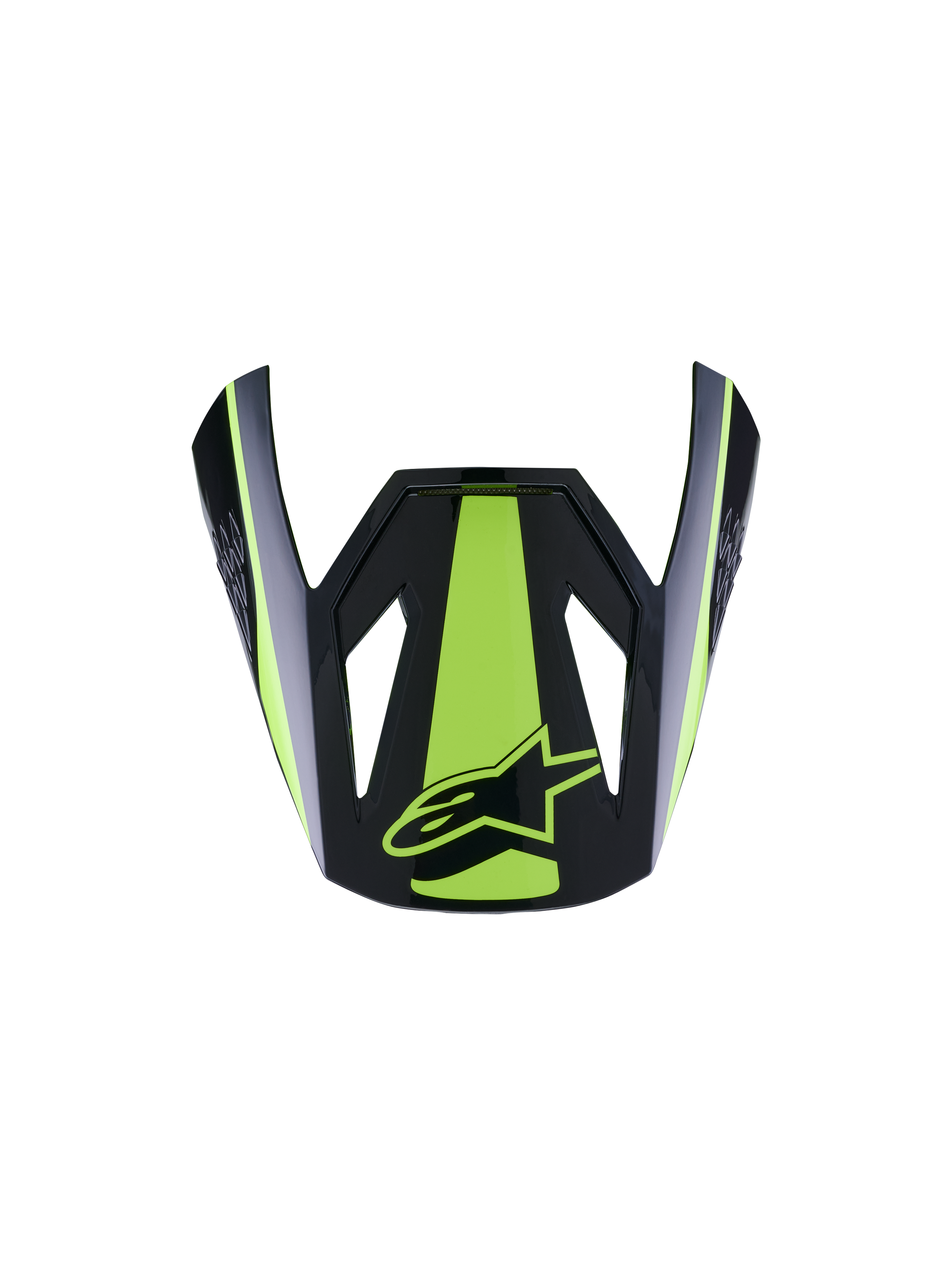 Alpinestars S-M3 Heat vizier ECE06, motorhelm vizier, fluogeel en glanzend zwart, met een opvallende fluorescerend gele centrale streep en zij-accenten, glanzend zwarte afwerking met geel sterlogo, aerodynamisch klepontwerp voor motorcrosshelmen