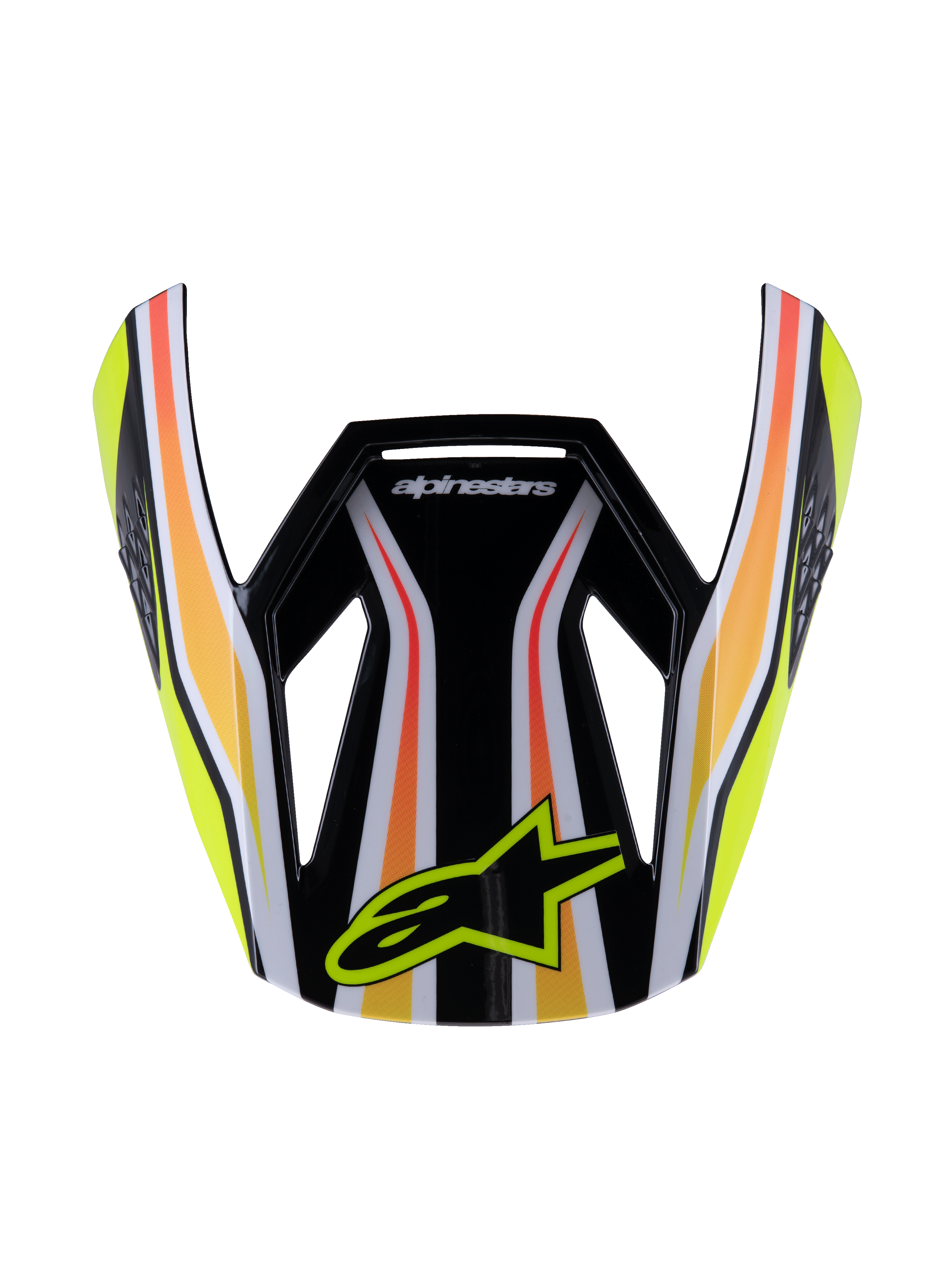 Alpinestars S-M3 Youth Wurx vizier, motocross helmvizier, zwart met gele, oranje en rode strepen, voorzien van het gele Alpinestars-logo, glanzend aerodynamisch ontwerp, vervangende klep voor off-road racing voor de jeugd