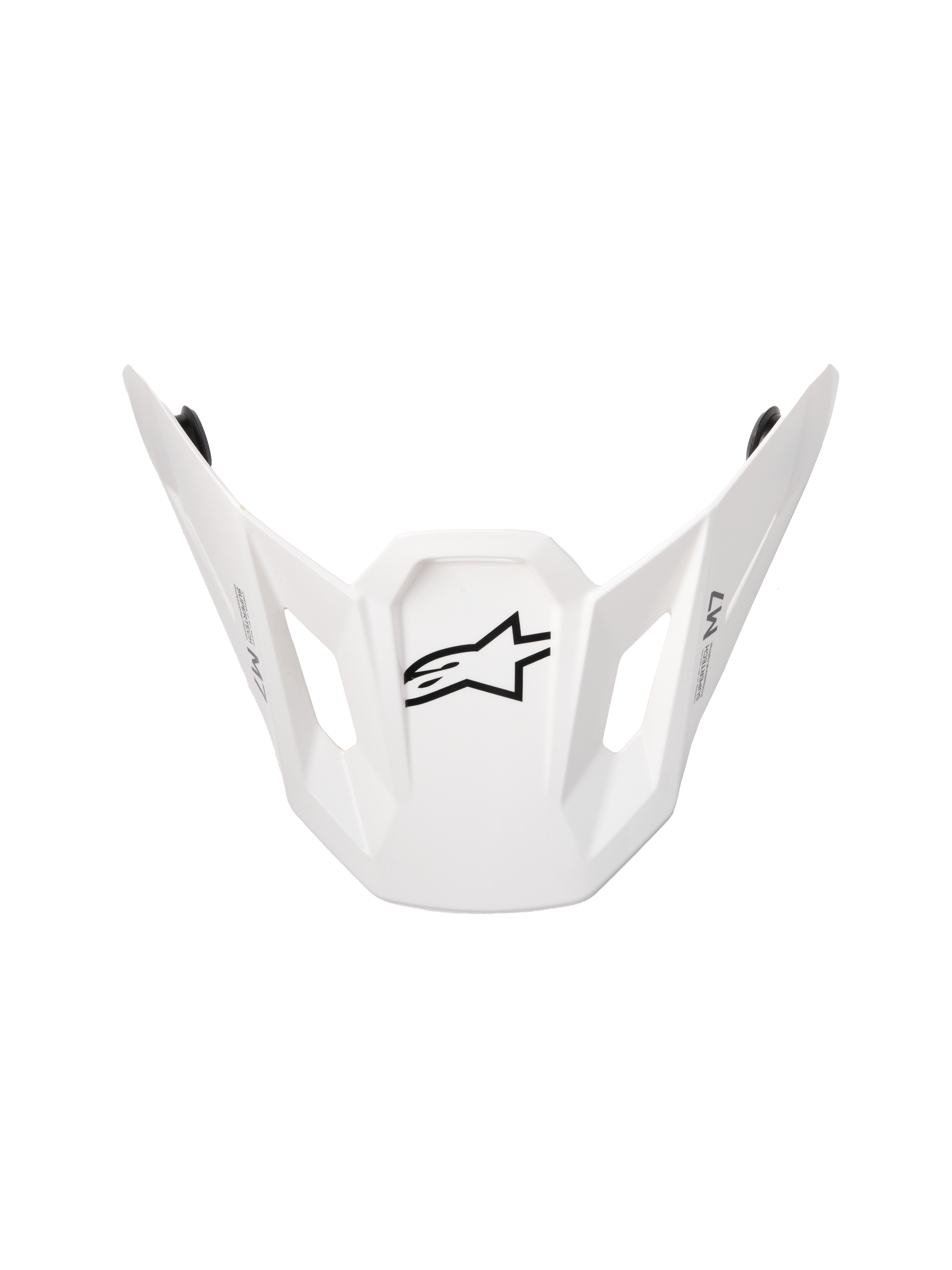 Alpinestars S-M7 Solid ECE06 vizier, vervangende motorcross helmklep, glanzend witte afwerking, met een zwart sterlogo, hoekig aerodynamisch ontwerp met rechthoekige ventilatieopeningen, compatibel met S-M7 helmen