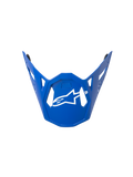 Alpinestars Supertech M10 Flood vizier, motorcrosshelm vizier, blauw met wit logo, met een geometrisch hoekig ontwerp en ventilatieopeningen, strakke contouren, officieel vervangingsonderdeel voor off-road racehelmen