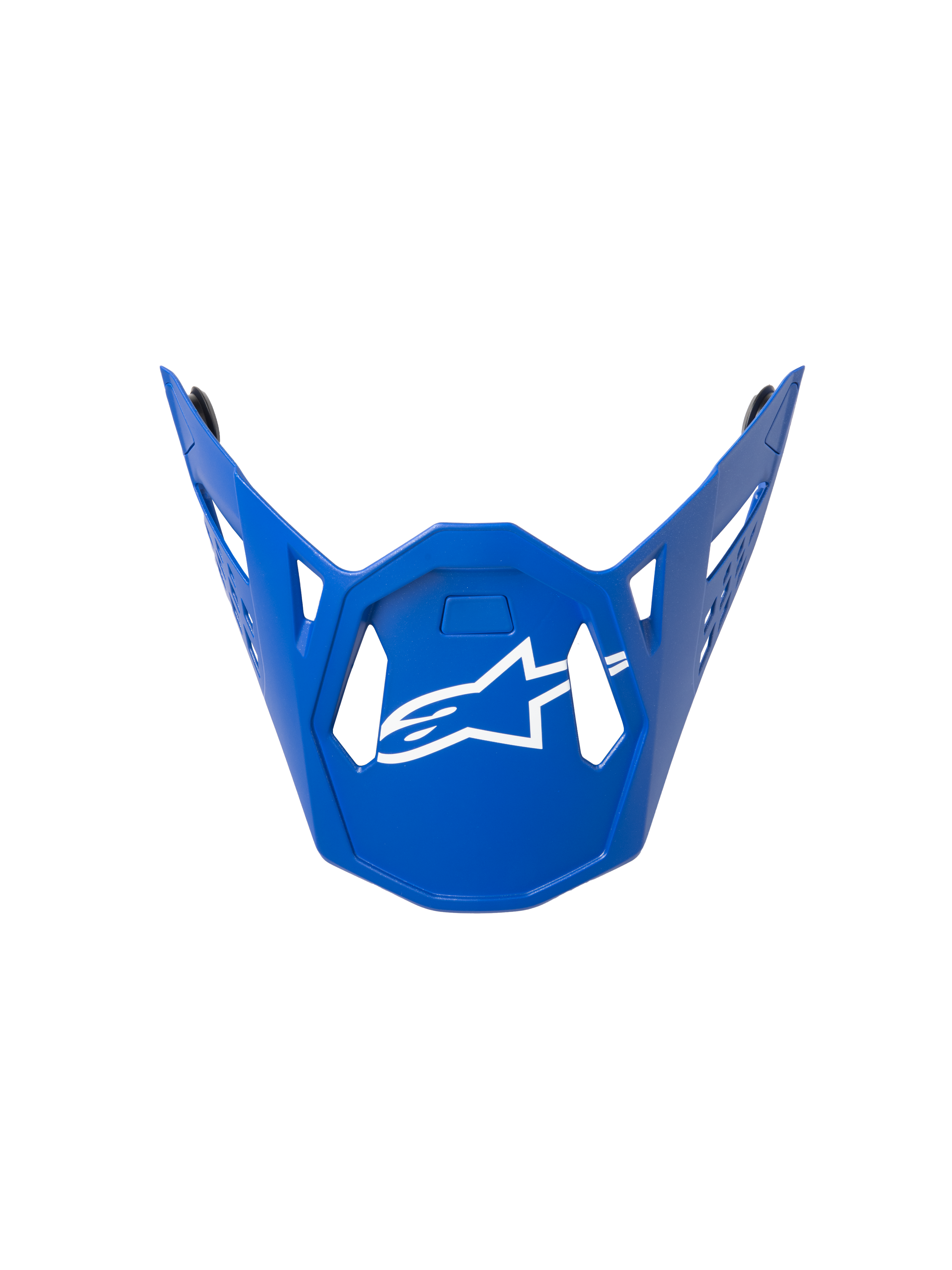 Alpinestars Supertech M10 Flood vizier, motorcrosshelm vizier, blauw met wit logo, met een geometrisch hoekig ontwerp en ventilatieopeningen, strakke contouren, officieel vervangingsonderdeel voor off-road racehelmen