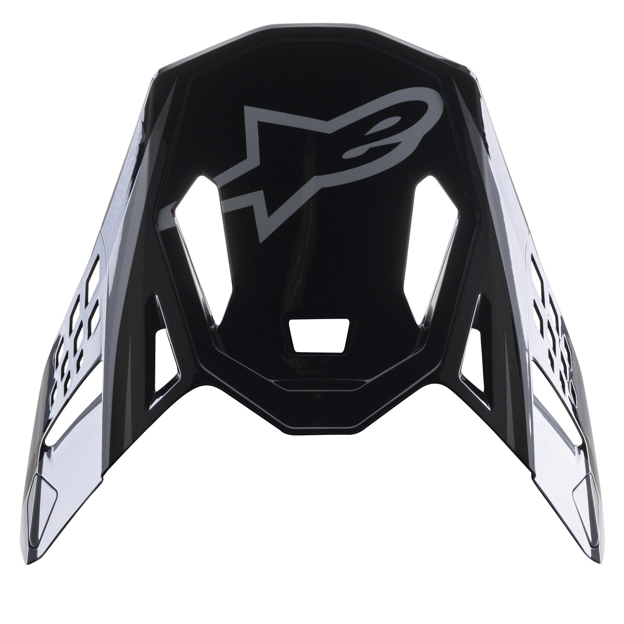 Alpinestars Supertech M10 Carbon Meta2 vizier, motocross helm accessoire, zwart en grijs glanzend, met een grijs A-star logo op de voorkant, aerodynamisch ontwerp met ventilatieopeningen voor off-road racen