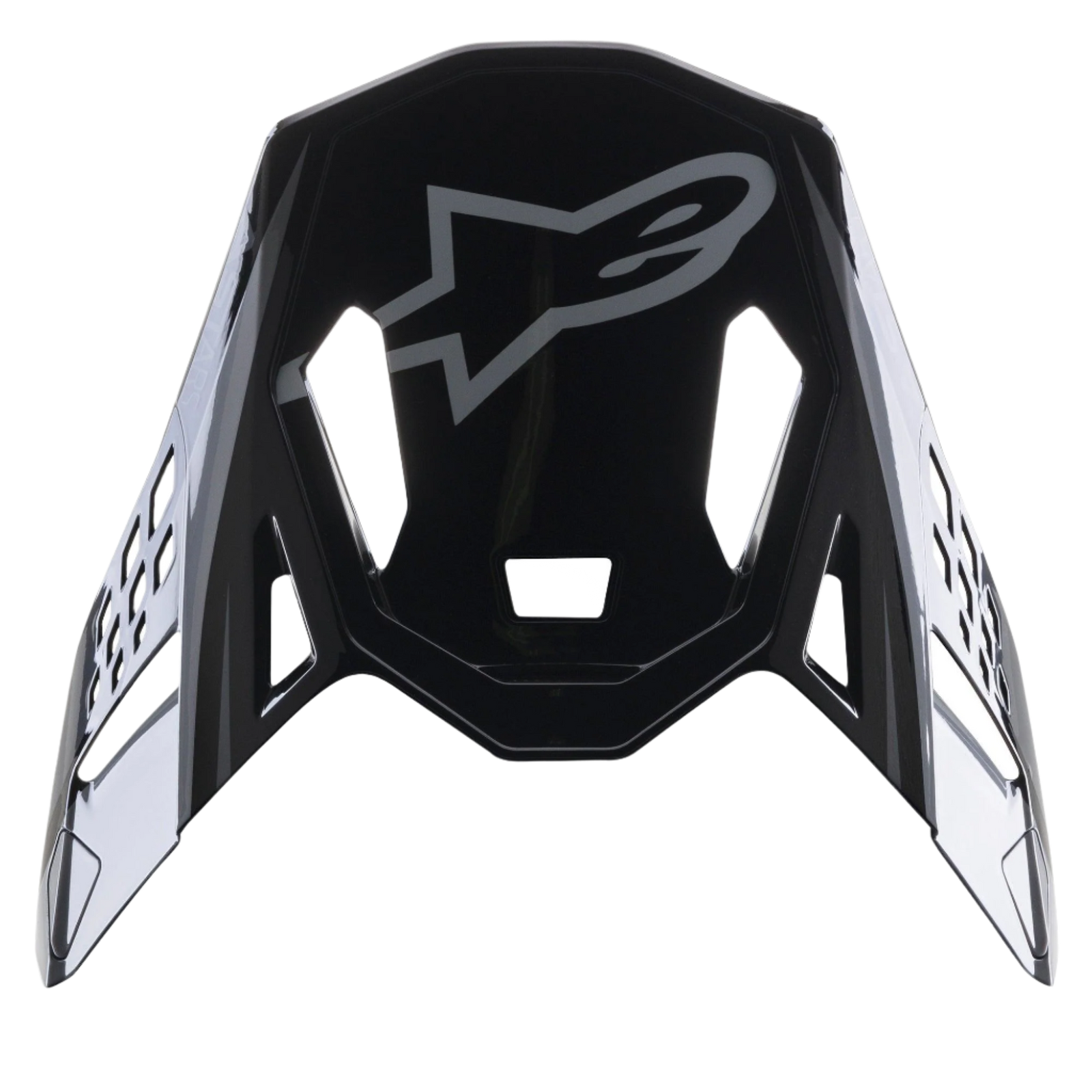 Alpinestars Supertech M10 Carbon Meta2 Visor, Black and Gray Glossy replacement peak, featuring a gray Alpinestars logo and aerodynamic ventilation cutouts, motocross helmet accessory