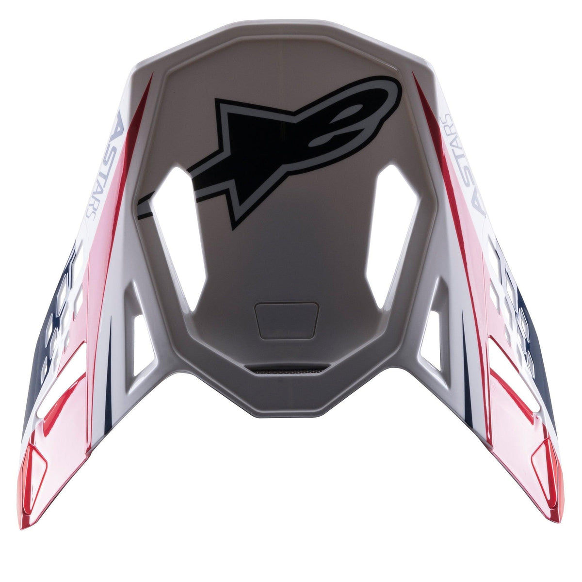 Alpinestars Supertech M10 Carbon Meta2 vizier, vervangende helmklep, wit, rood en blauw met glanzende afwerking, voorzien van een zwart Astars-logo en dynamische graphics, ontworpen voor off-road motorcrosshelmen