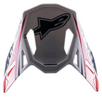 Alpinestars Supertech M10 Carbon Meta2 vizier, vervangende helmklep, wit, rood en blauw met glanzende afwerking, voorzien van een zwart Astars-logo en dynamische graphics, ontworpen voor off-road motorcrosshelmen