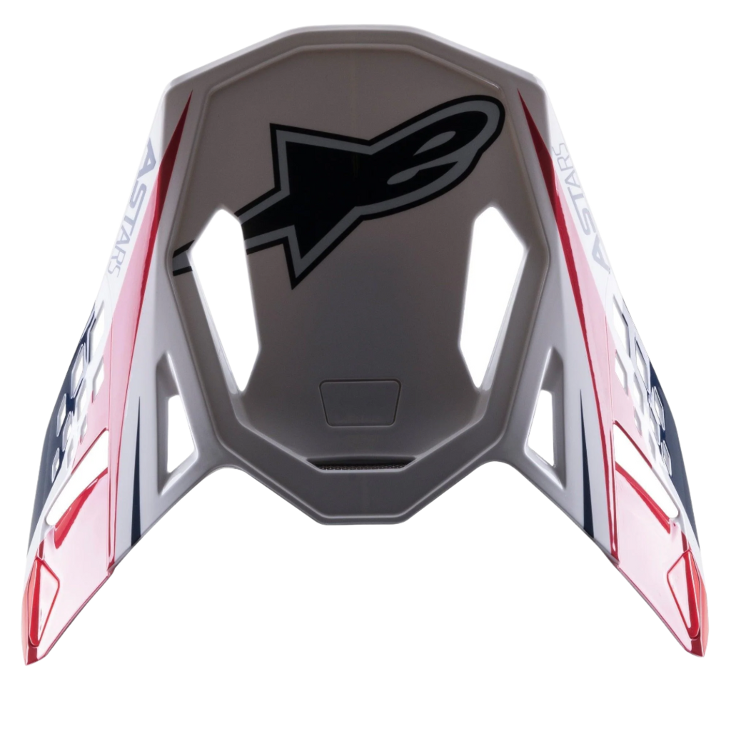Alpinestars Supertech M10 Carbon Meta2 vizier, motorcross helm accessoire, wit rood en blauw met glanzende afwerking, voorzien van een groot zwart Astar-logo bovenop en branding aan de zijkanten, aerodynamisch ontwerp met ventilatie-openingen voor off-road helmen