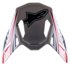 Alpinestars Supertech M10 Carbon Meta2 vizier, motorcross helm accessoire, wit rood en blauw met glanzende afwerking, voorzien van een groot zwart Astar-logo bovenop en branding aan de zijkanten, aerodynamisch ontwerp met ventilatie-openingen voor off-road helmen