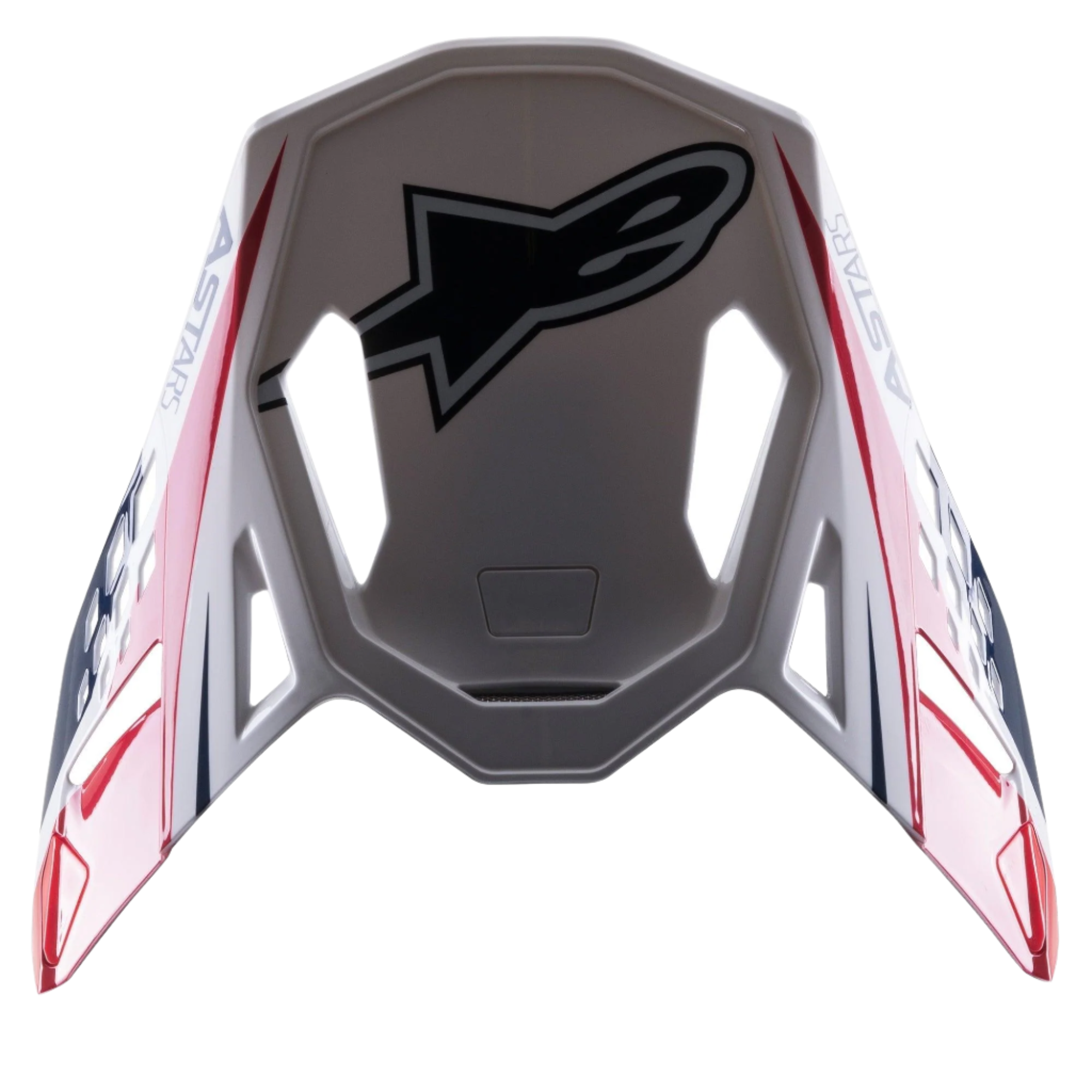 Alpinestars Supertech M10 Carbon Meta2 vizier, motorcross helm accessoire, wit rood en blauw met glanzende afwerking, voorzien van een groot zwart Astar-logo bovenop en branding aan de zijkanten, aerodynamisch ontwerp met ventilatie-openingen voor off-road helmen