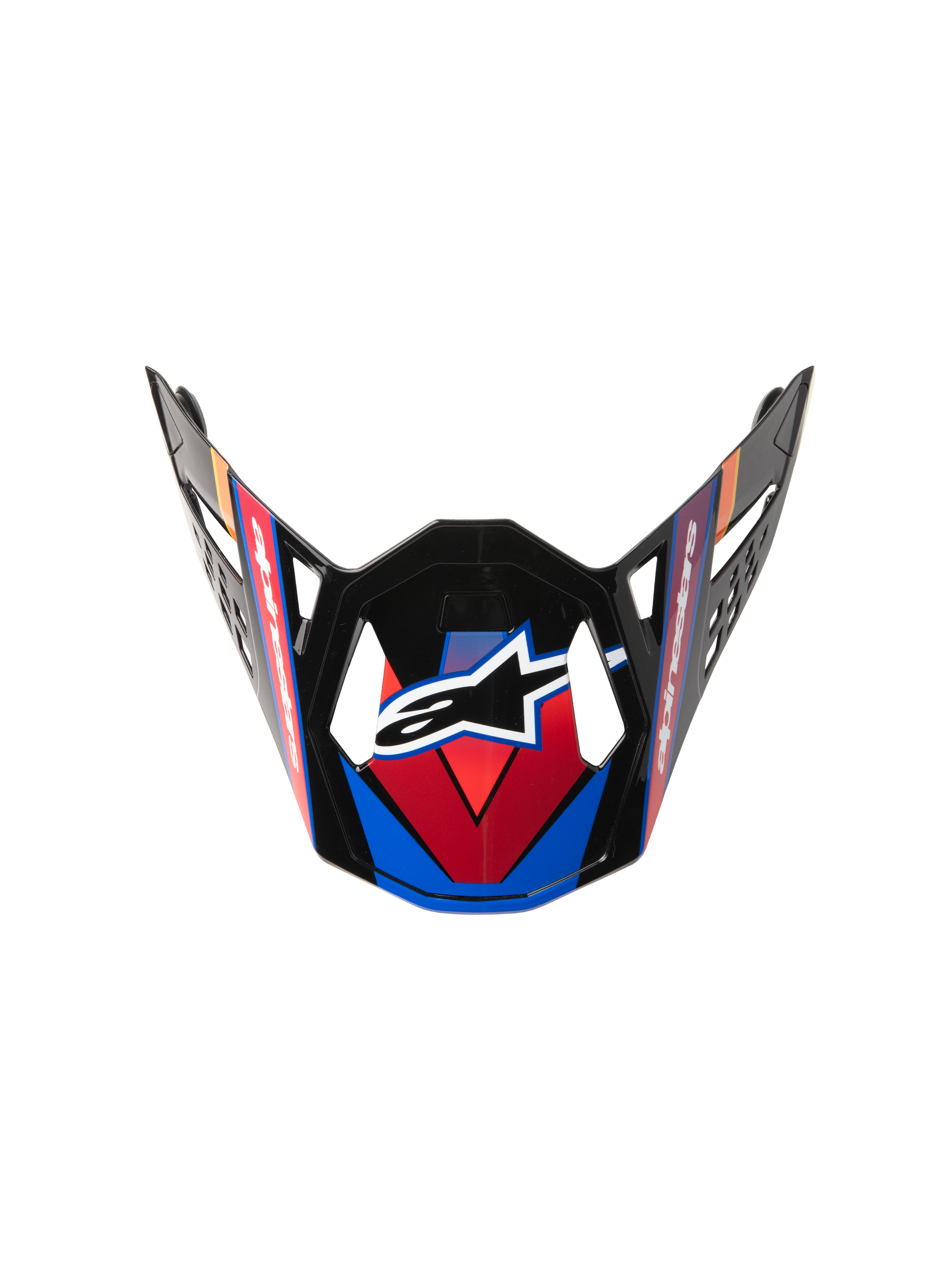 Alpinestars Supertech M10 Era klep, vervangend vizier voor motorcrosshelm, blauw, rood en fluorgeel, glanzend zwarte afwerking met hoekige graphics, wit ster-logo en aerodynamische ventilatieopeningen
