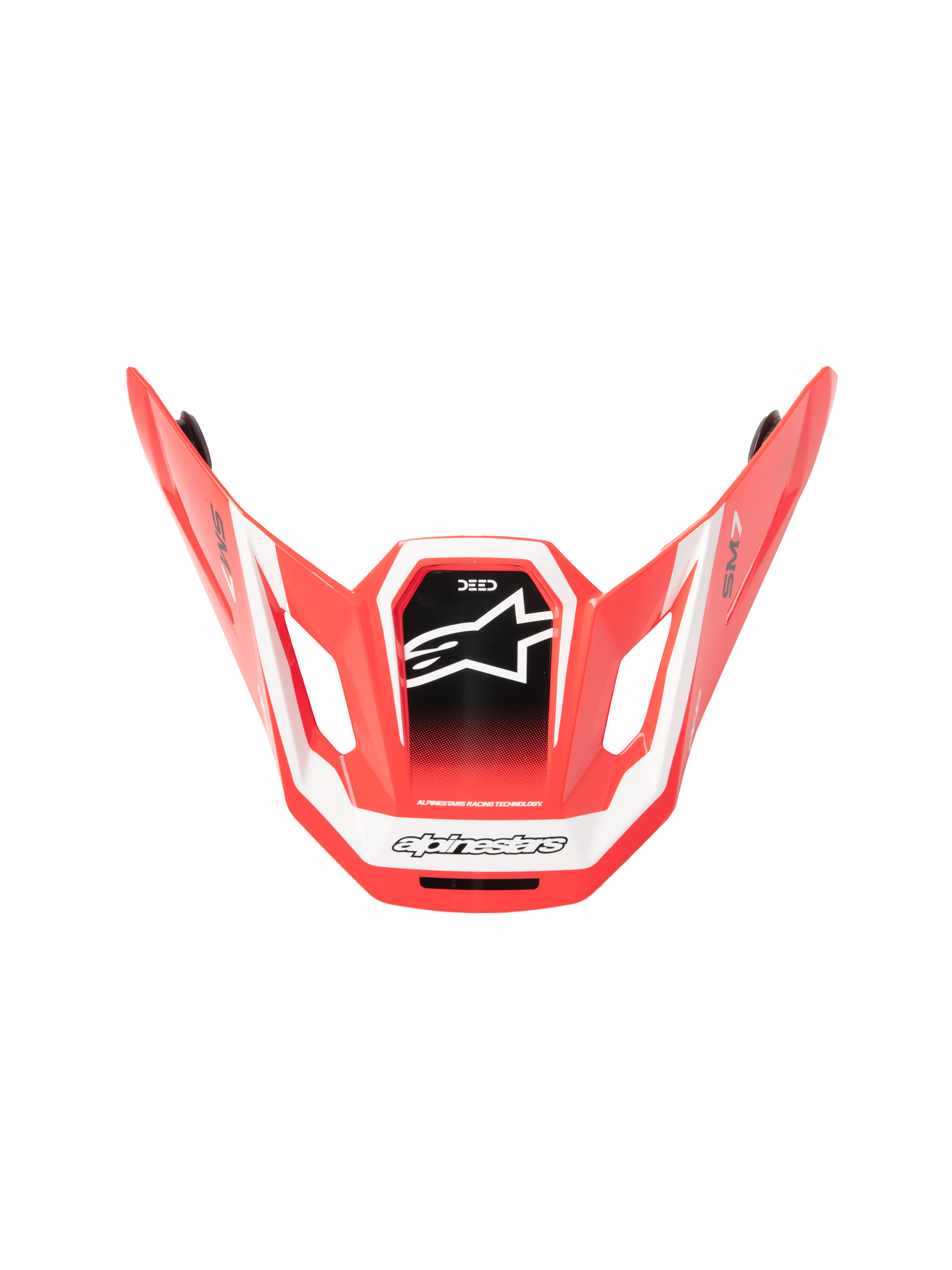 Alpinestars S-M7 Deed ECE06 vizier, motorcrosshelm vizier, rood, zwart en wit glanzend, hoekig aerodynamisch ontwerp met wit ster-logo op zwart middenpaneel, voorzien van SM7- en Deed-branding, glanzende afwerking voor off-road prestaties