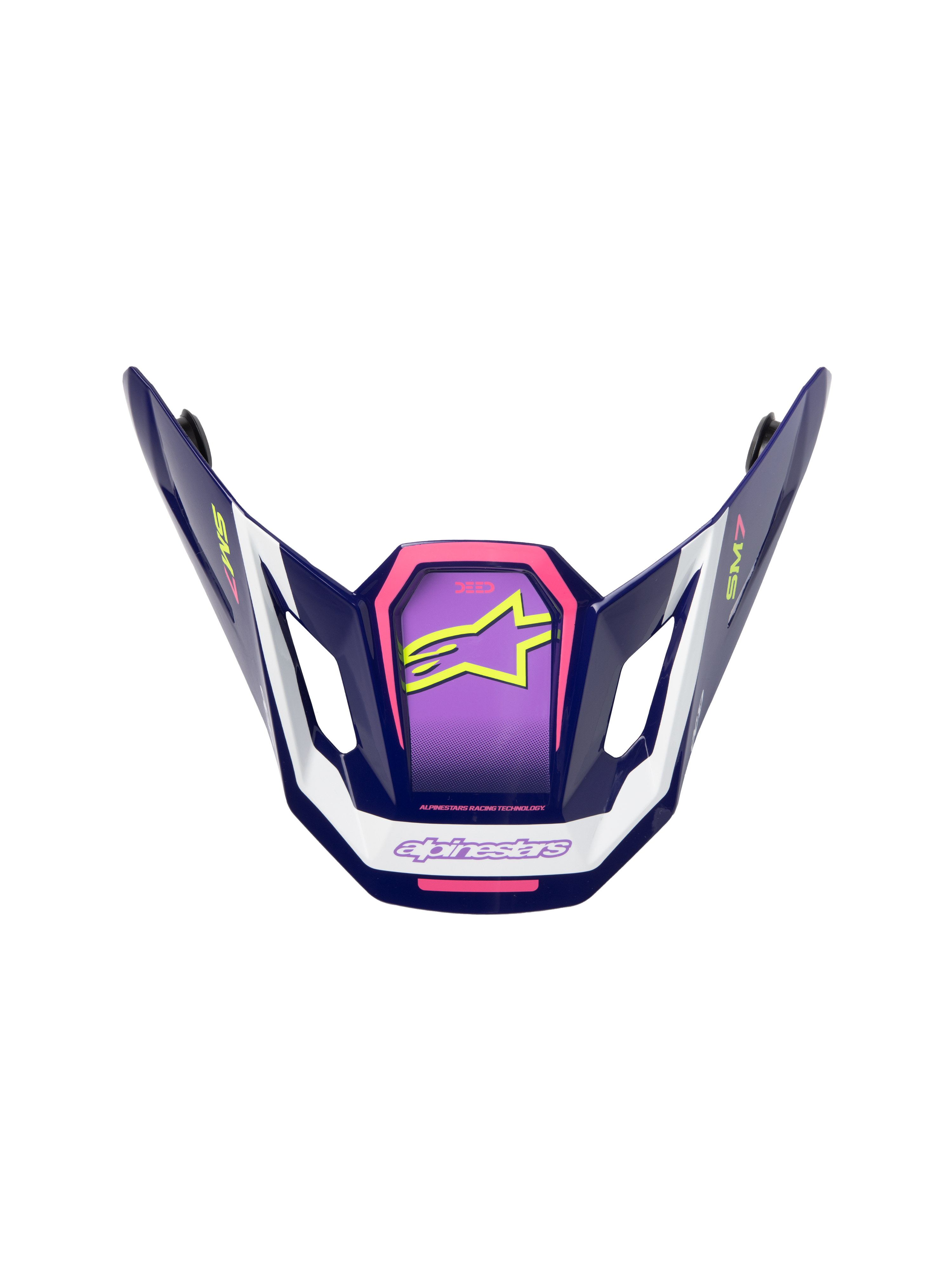 Alpinestars S-M7 Deed vizier, motorcrosshelm accessoire, paars, roze en wit, glanzende afwerking met neongeel sterlogo en SM7-branding, hoekig aerodynamisch ontwerp voor off-road racing