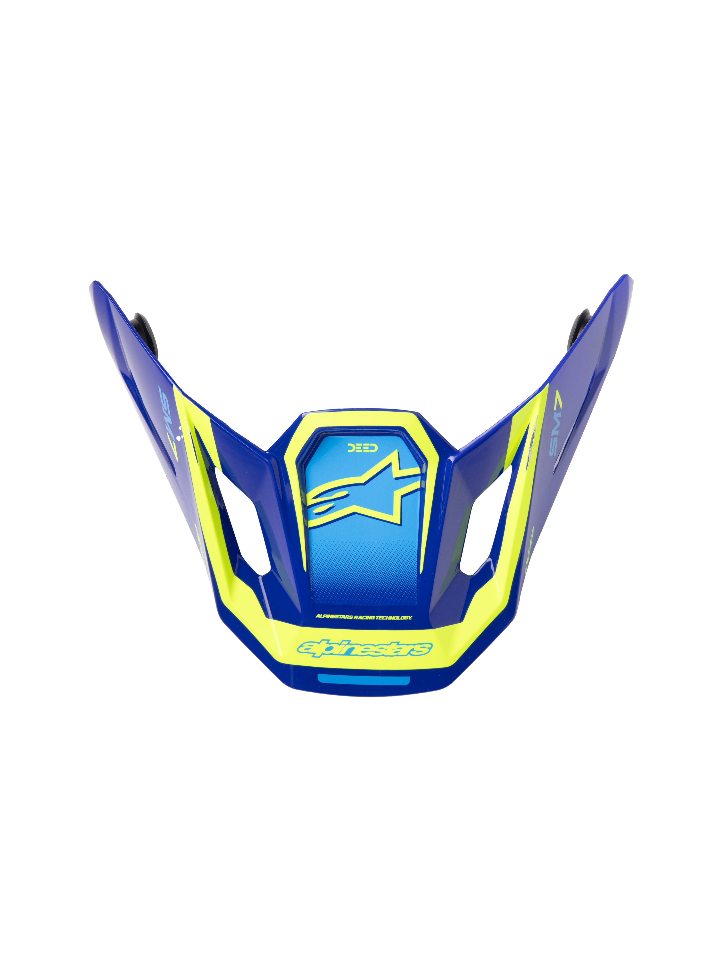 Alpinestars S-M7 Deed ECE06 vizier, vervangende klep voor motorcrosshelm, blauw en fluorescerend geel met glanzende afwerking, hoekig aerodynamisch ontwerp met ventilatieopeningen aan de zijkant, voorzien van opvallende gele Alpinestars-logo's en graphics