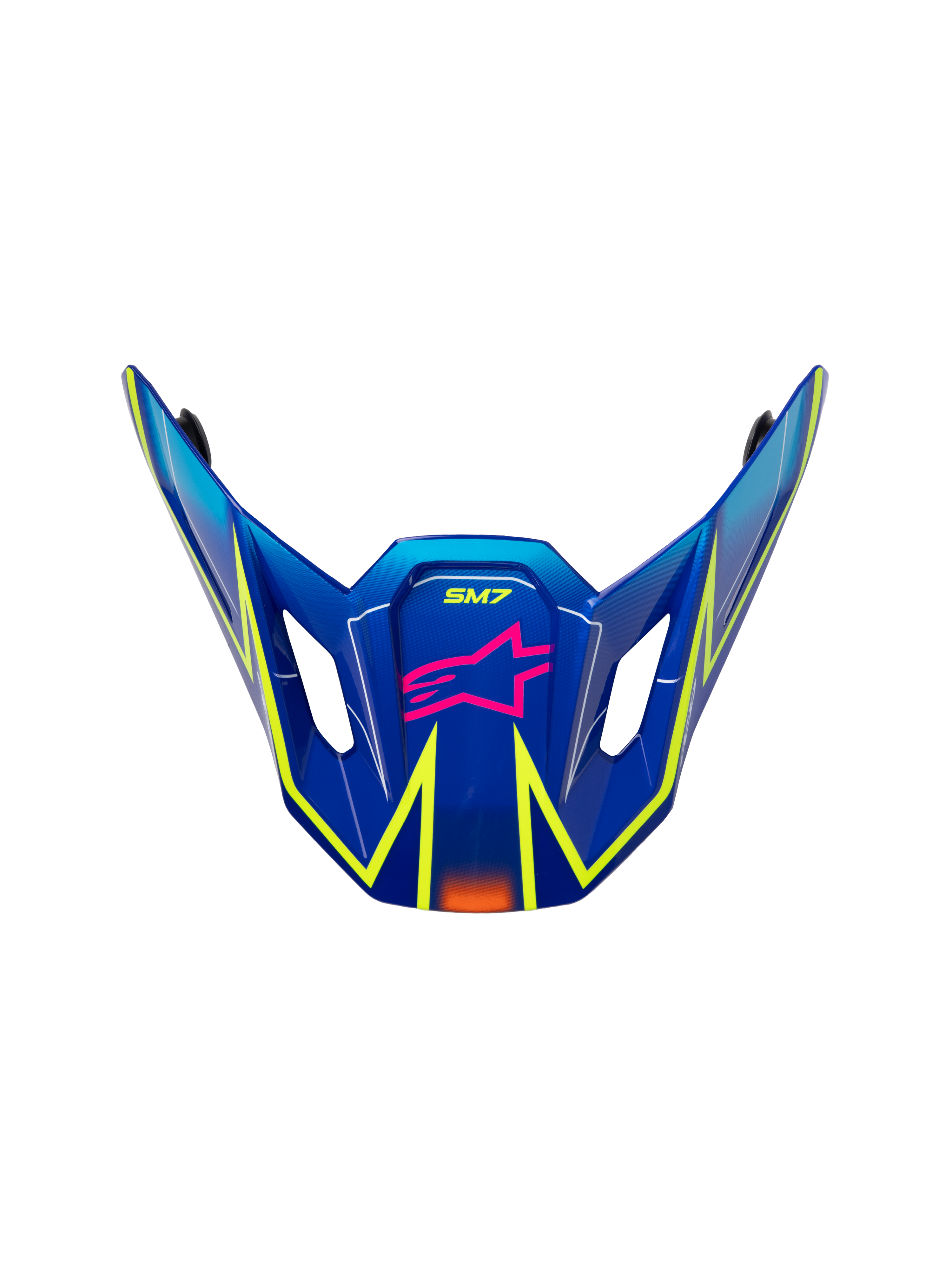 Alpinestars S-M7 Cast vizier, vervangende klep voor motorcrosshelm, glanzend blauw met roze en fluo gele accenten, voorzien van roze sterlogo en SM7-branding, aerodynamisch ontwerp met ventilatieopeningen aan de zijkant