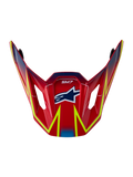 Alpinestars S-M7 Cast vizier, officieel motorcross-reserveonderdeel in glanzend rood met fluogele en blauwe graphics.